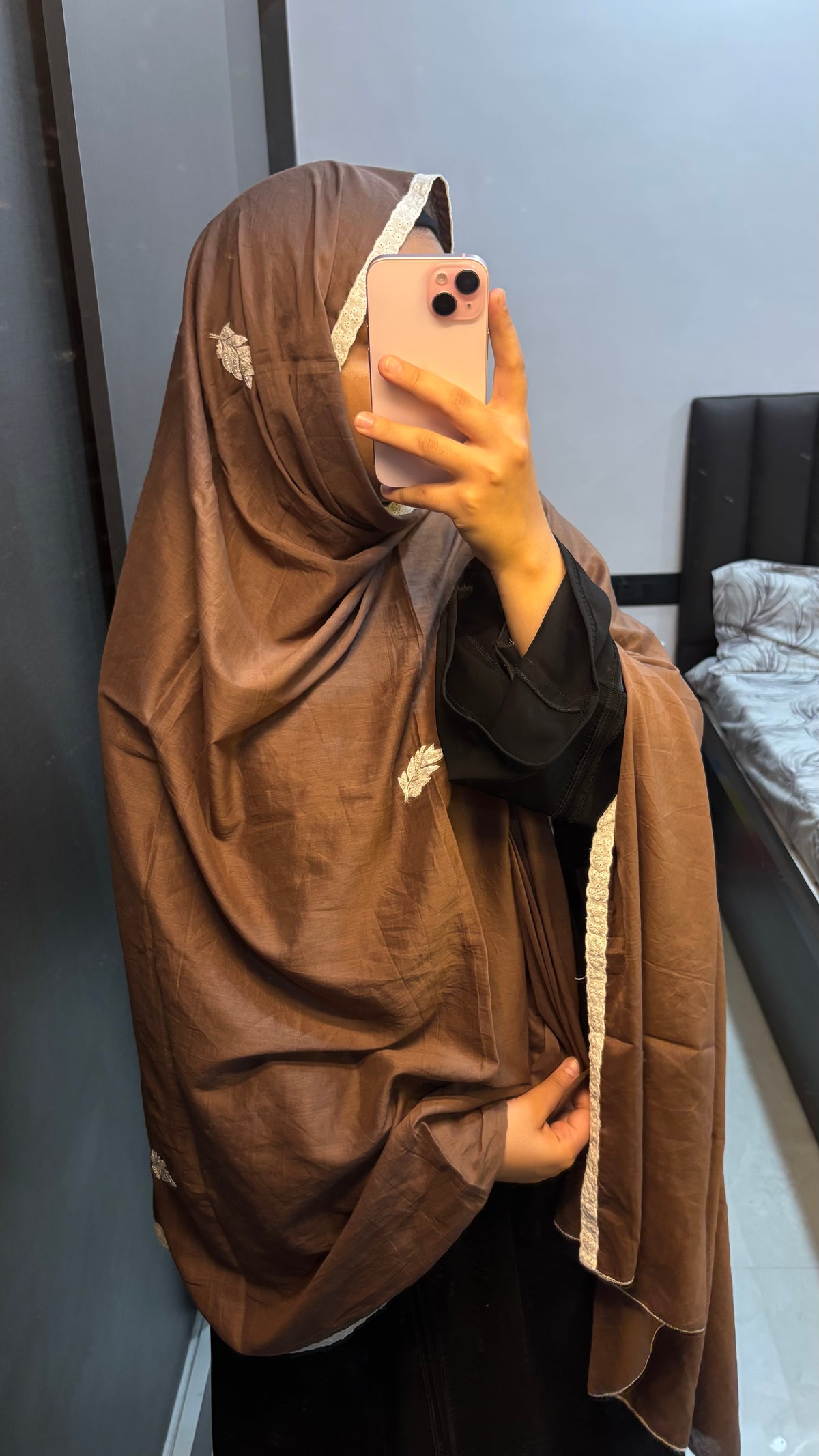 Brown & White Pure Cotton Hand Work Dupatta