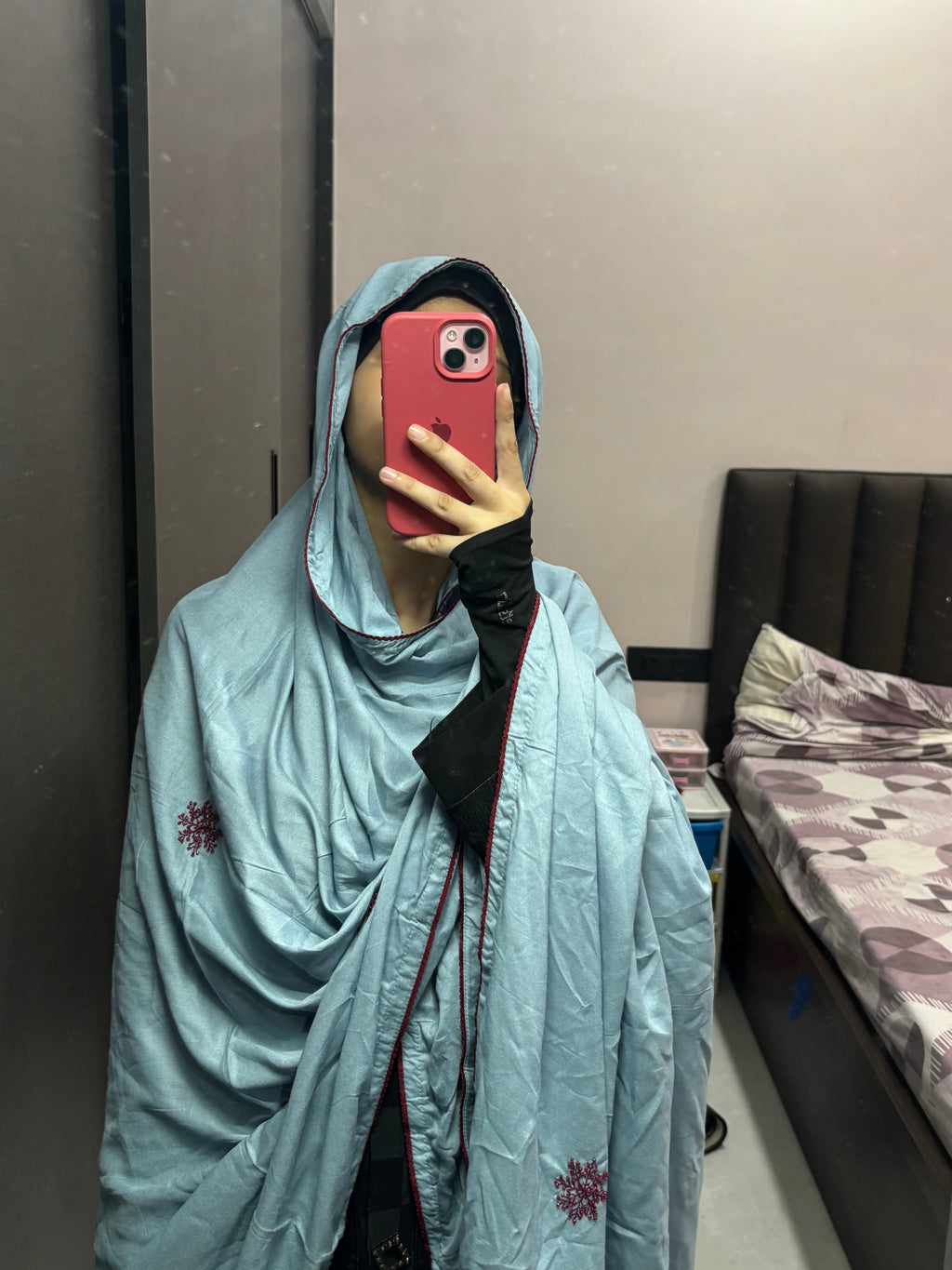 Baby blue & Maroon Embroidered Soft Rayon Chadar/Dupatta