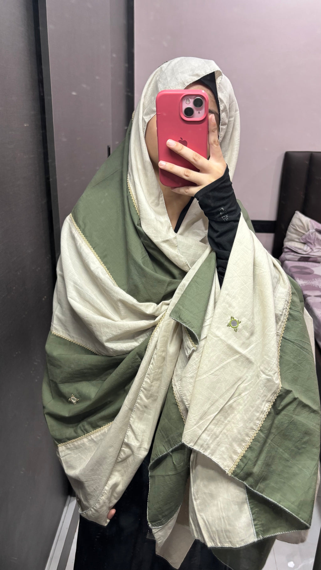 Beige & Green Big Size Embroidered Designer Chadar/Big Dupatta