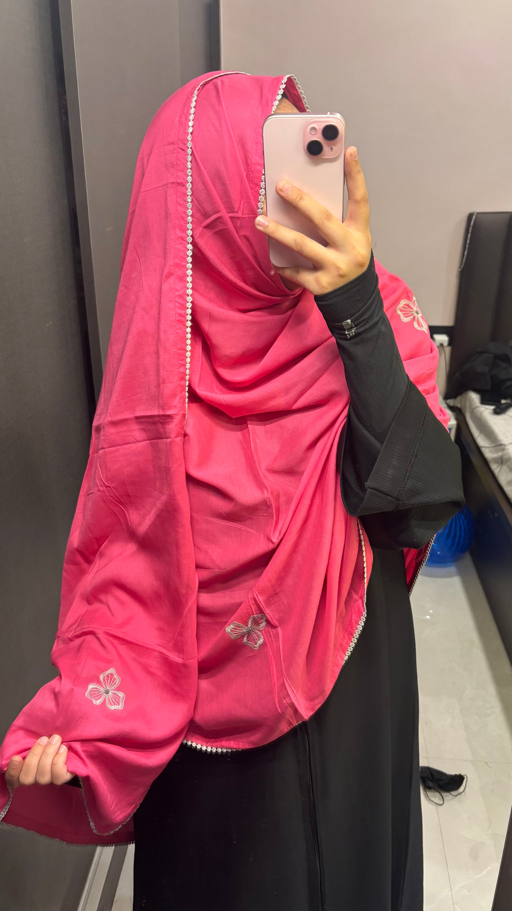 Pink with grey hand work dupatta