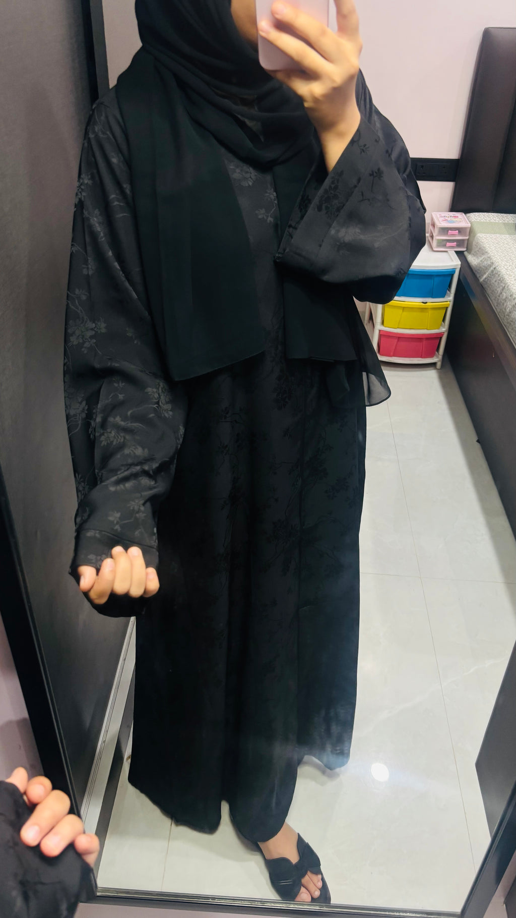 Imported Self Floral Print Abaya - Front Closed