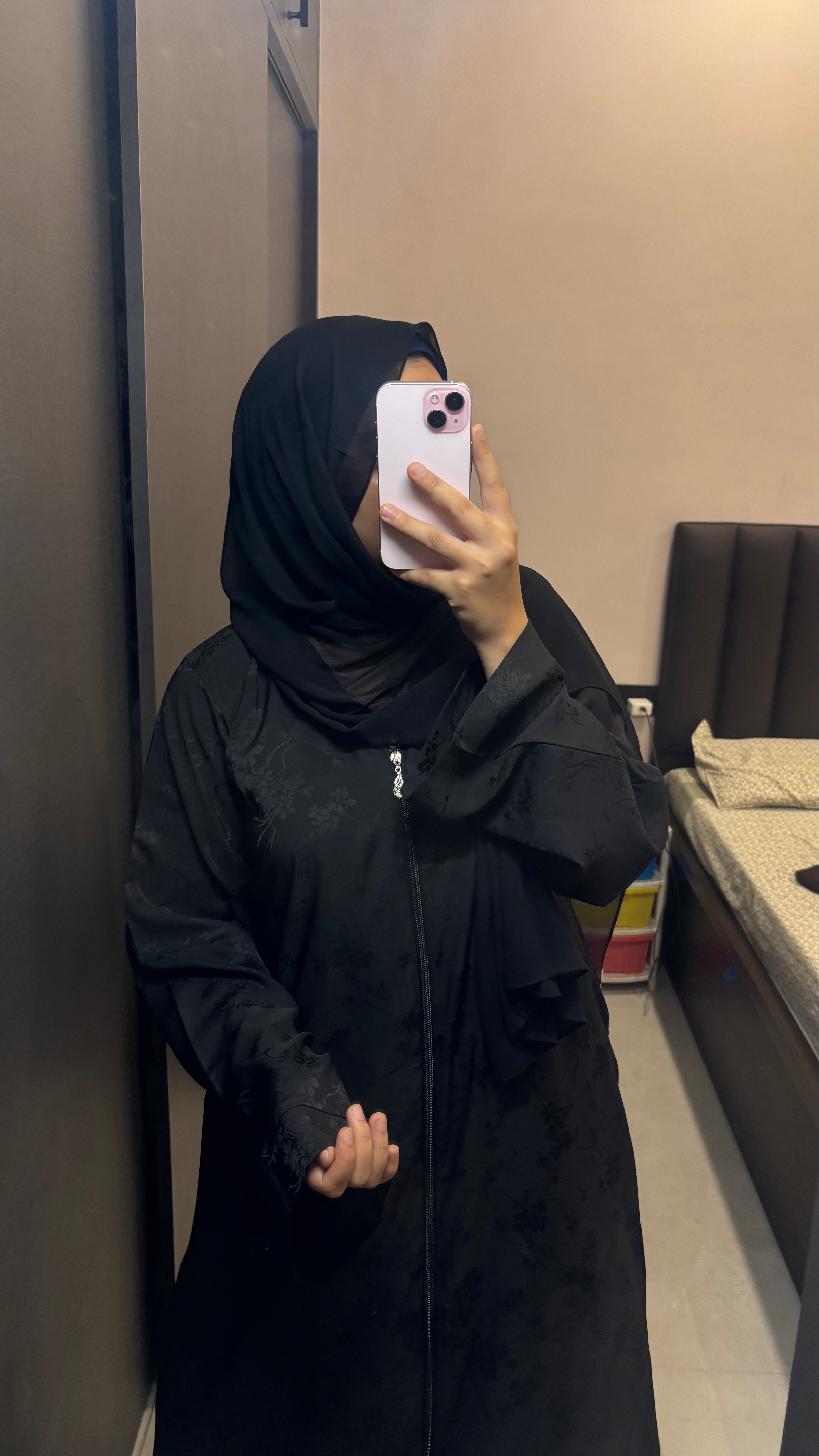 Imported Self Floral Print Abaya - Front Open Zip