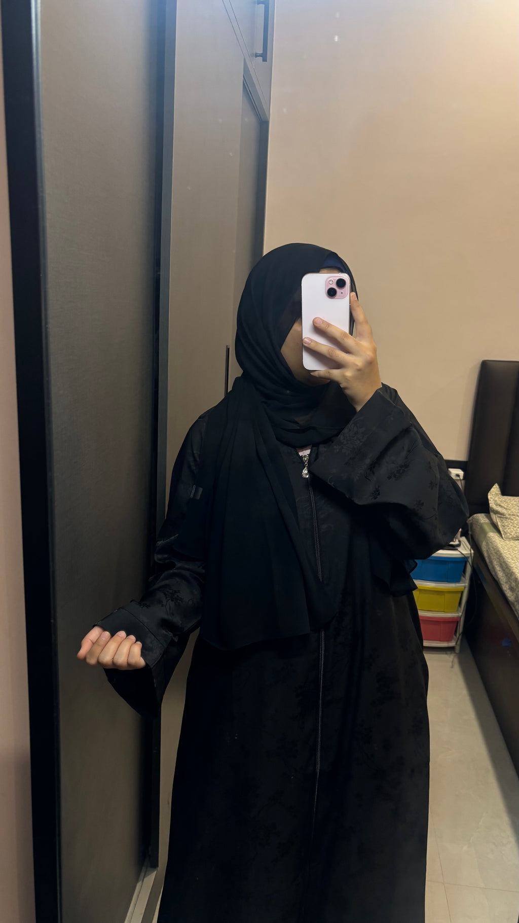 Imported Self Floral Print Abaya - Front Open Zip