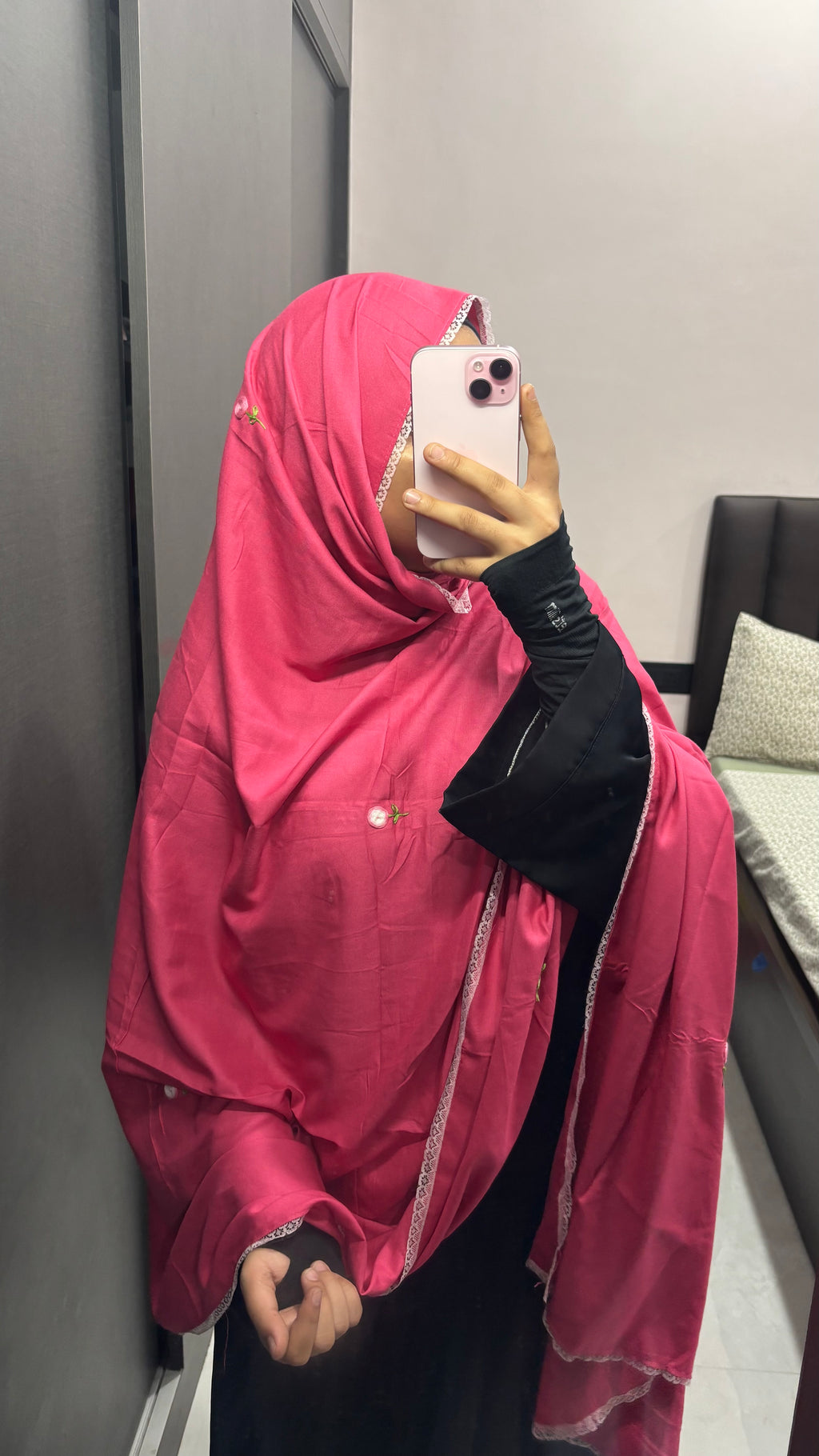 Pink Floral Embroidered Rayon Dupatta