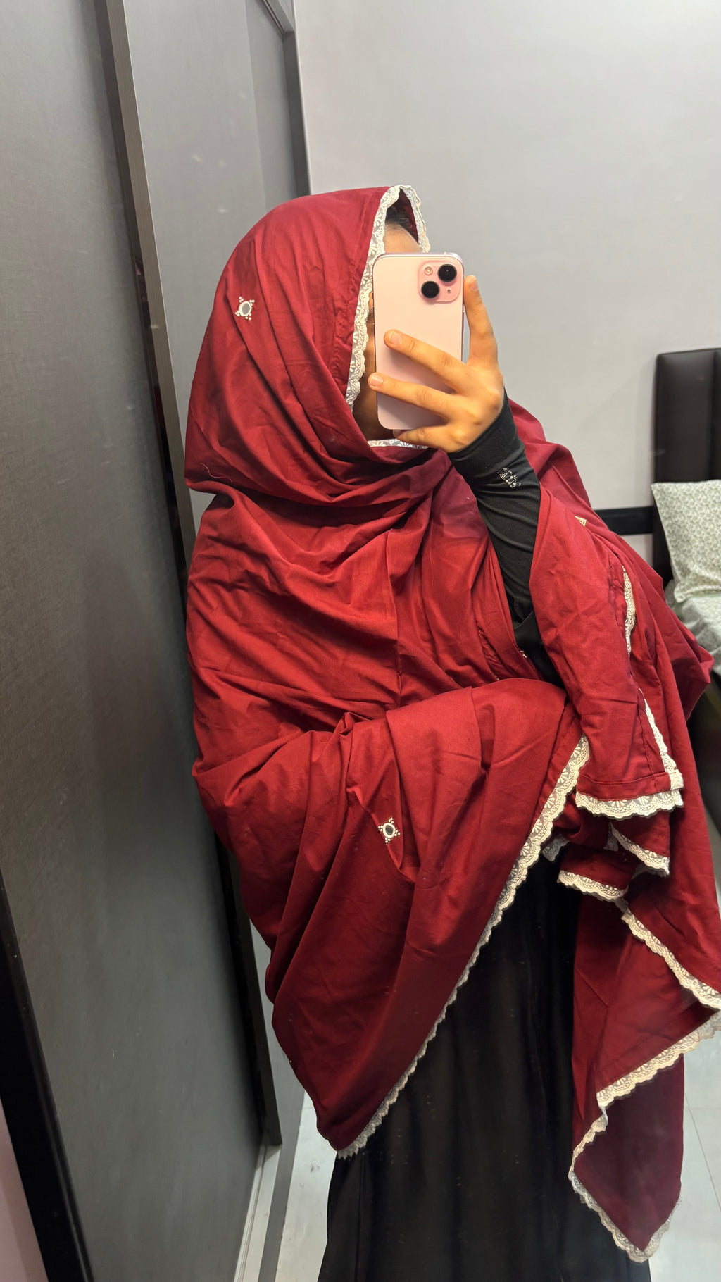 Maroon Mirror Work Big Dupatta/Chadar