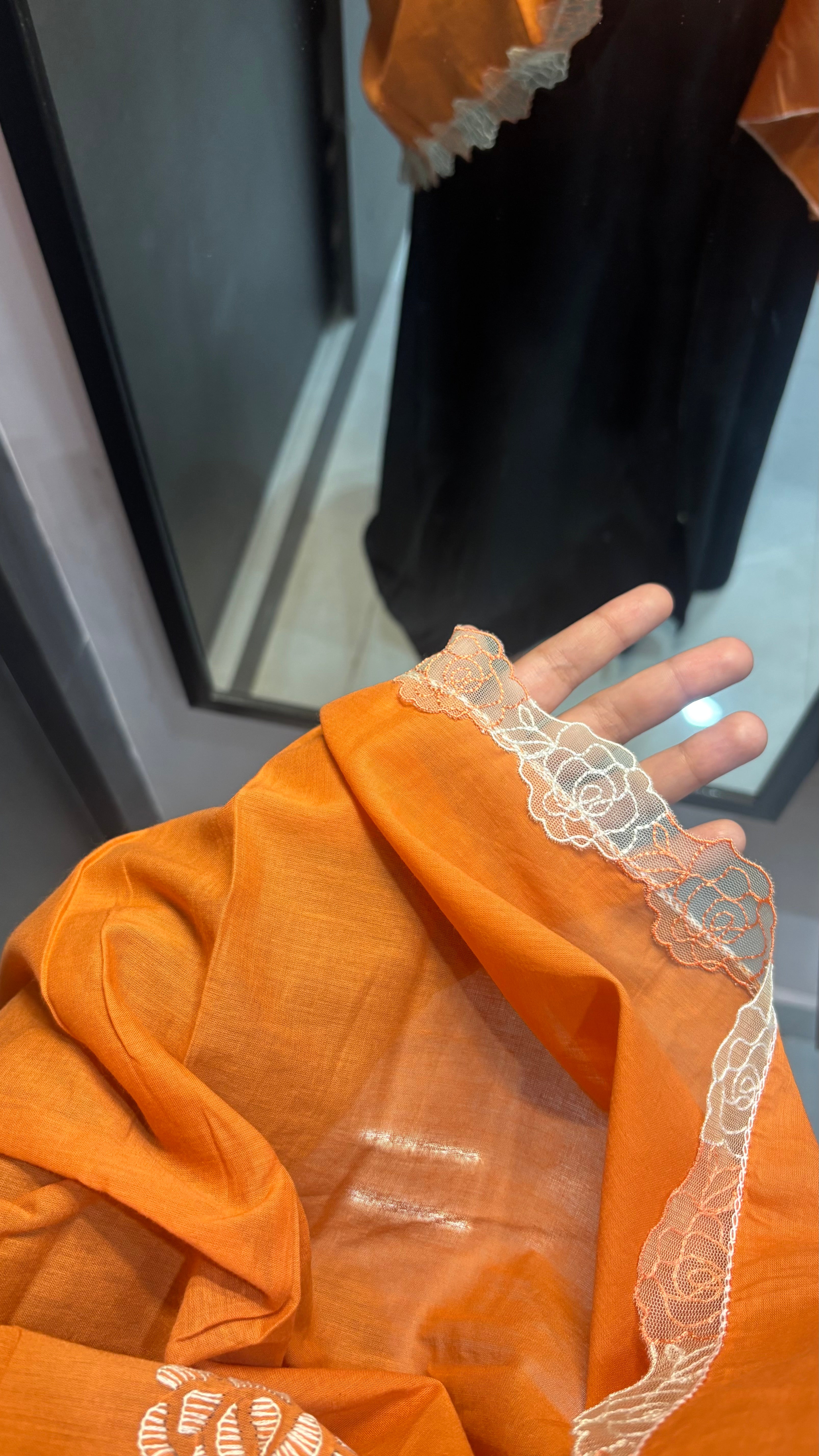 Orange & white Roses Handwork Pure cotton Dupatta