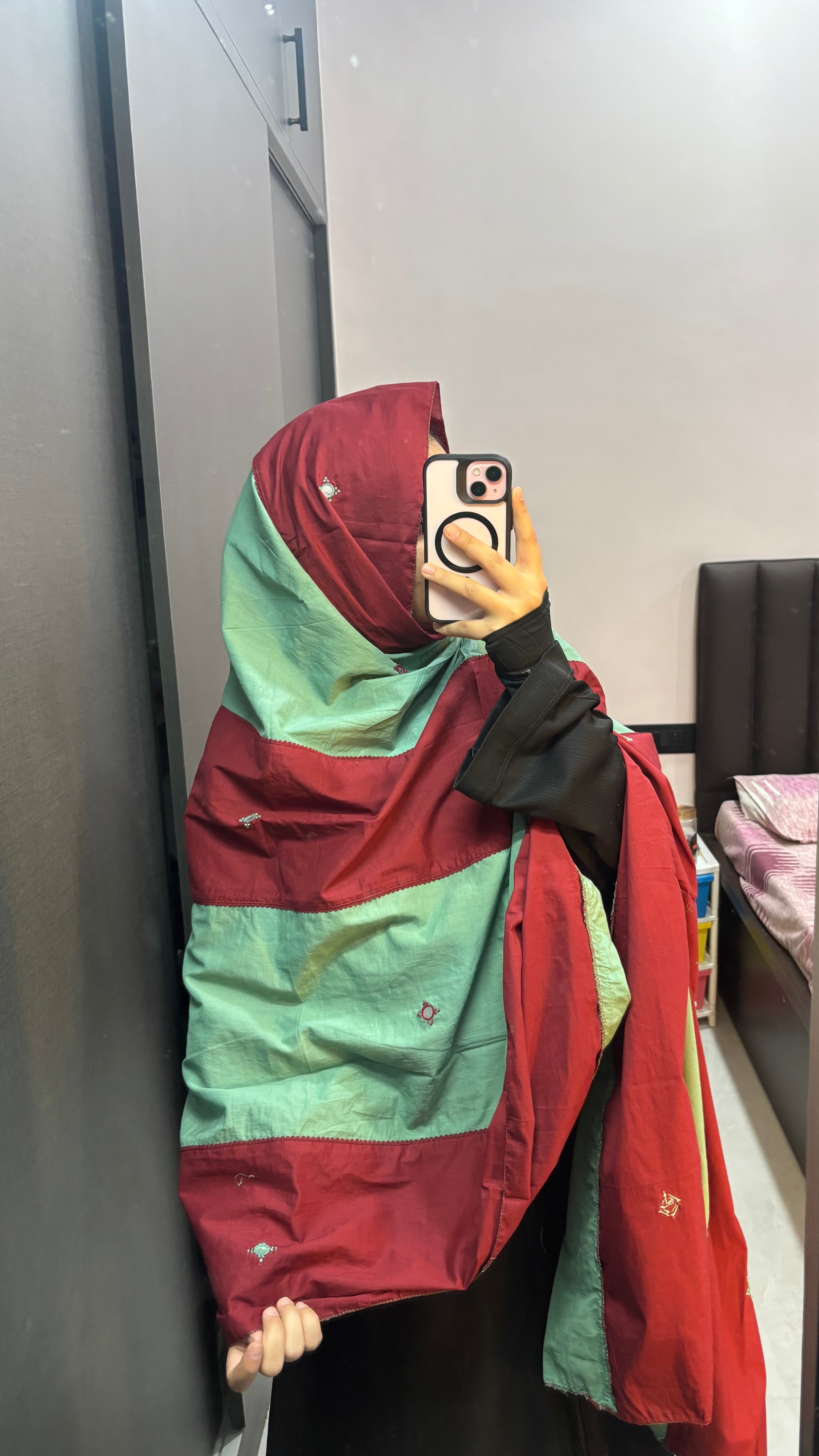 Beautiful Hand Work Maroon & Green colour  cotton dupatta with lace