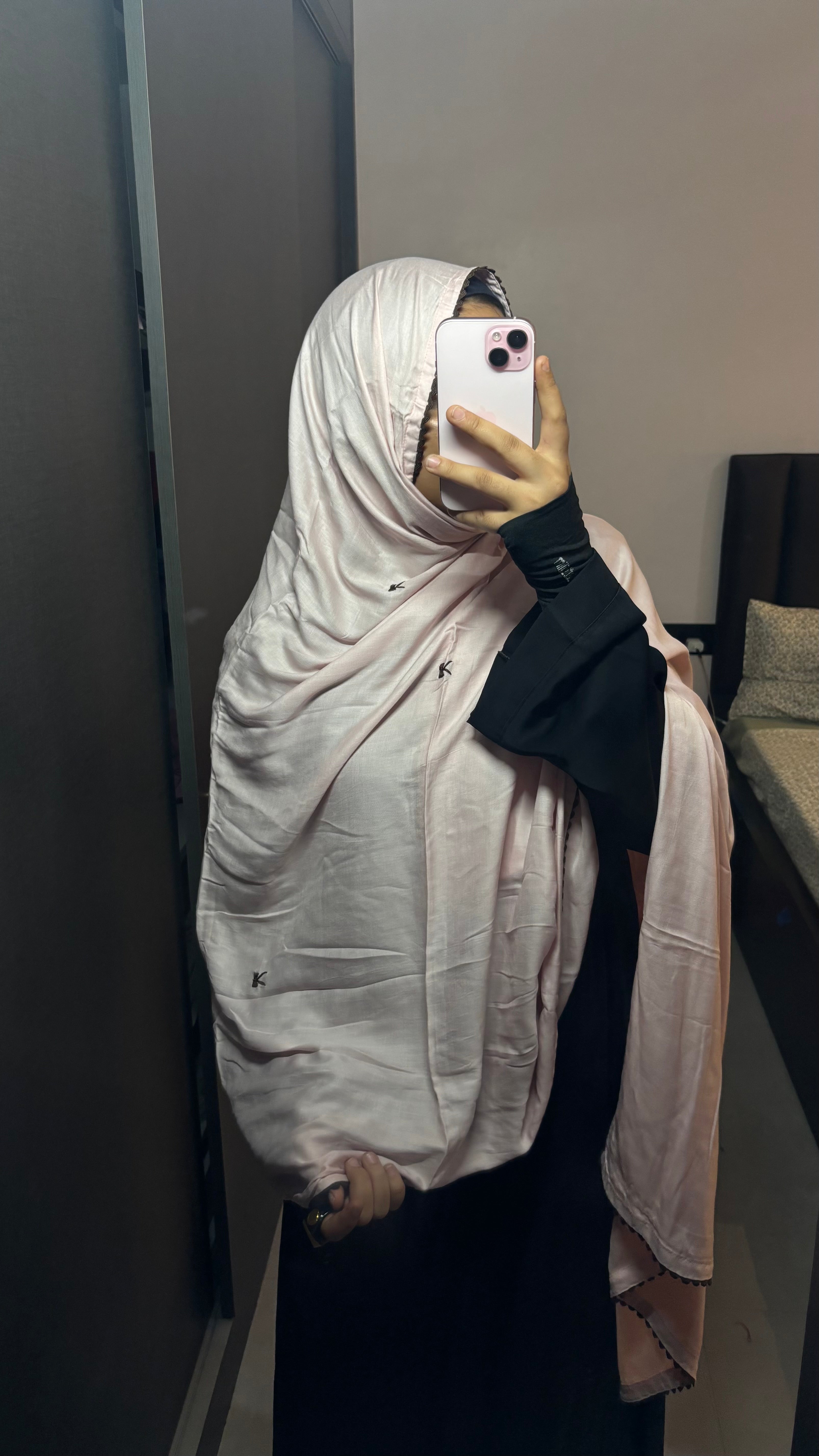 Baby Pink & Brown Minimal Bow Embroidered Rayon Dupatta