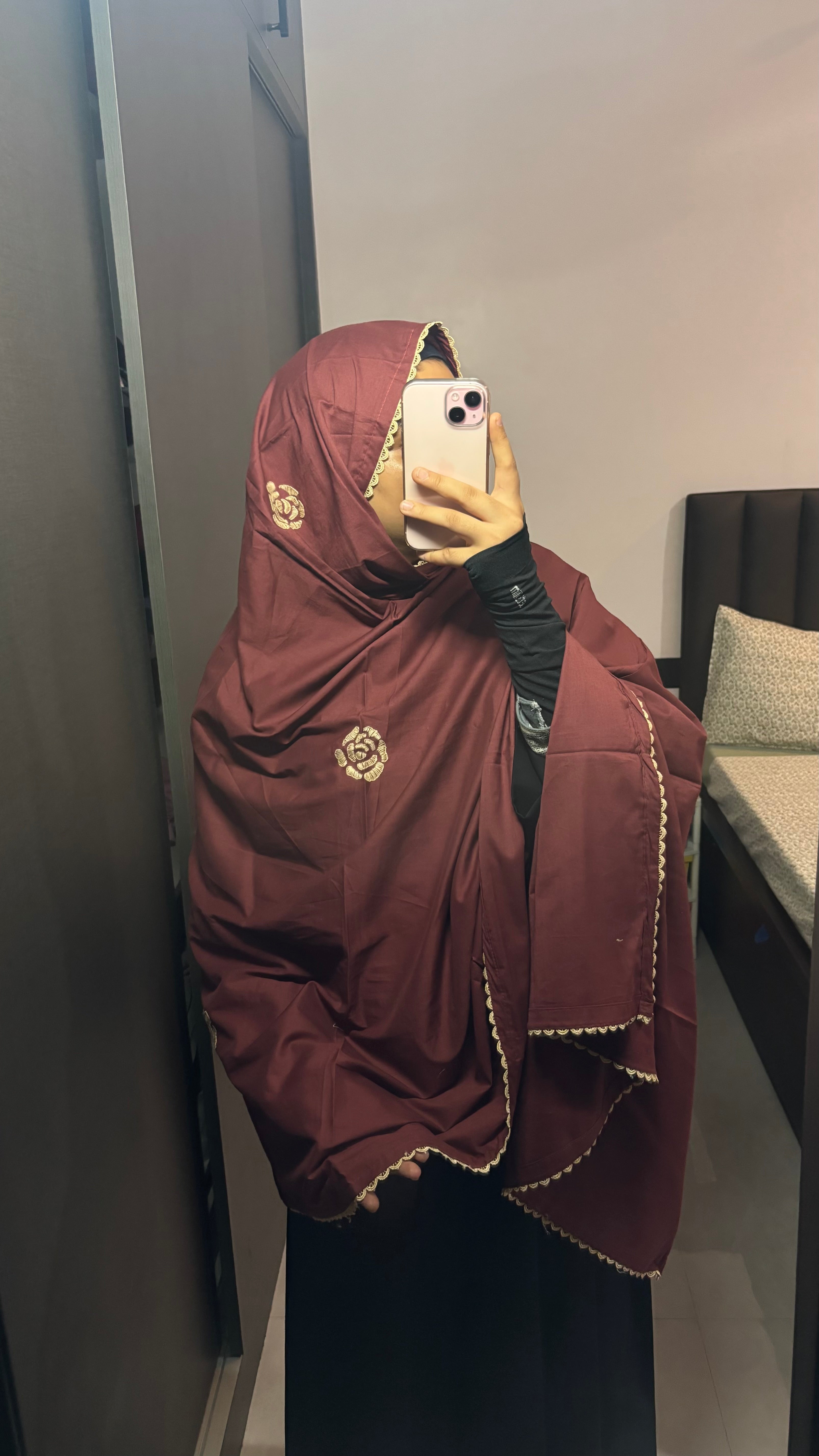 Maroon & Beige Rose Embroidery Pure Cotton Dupatta