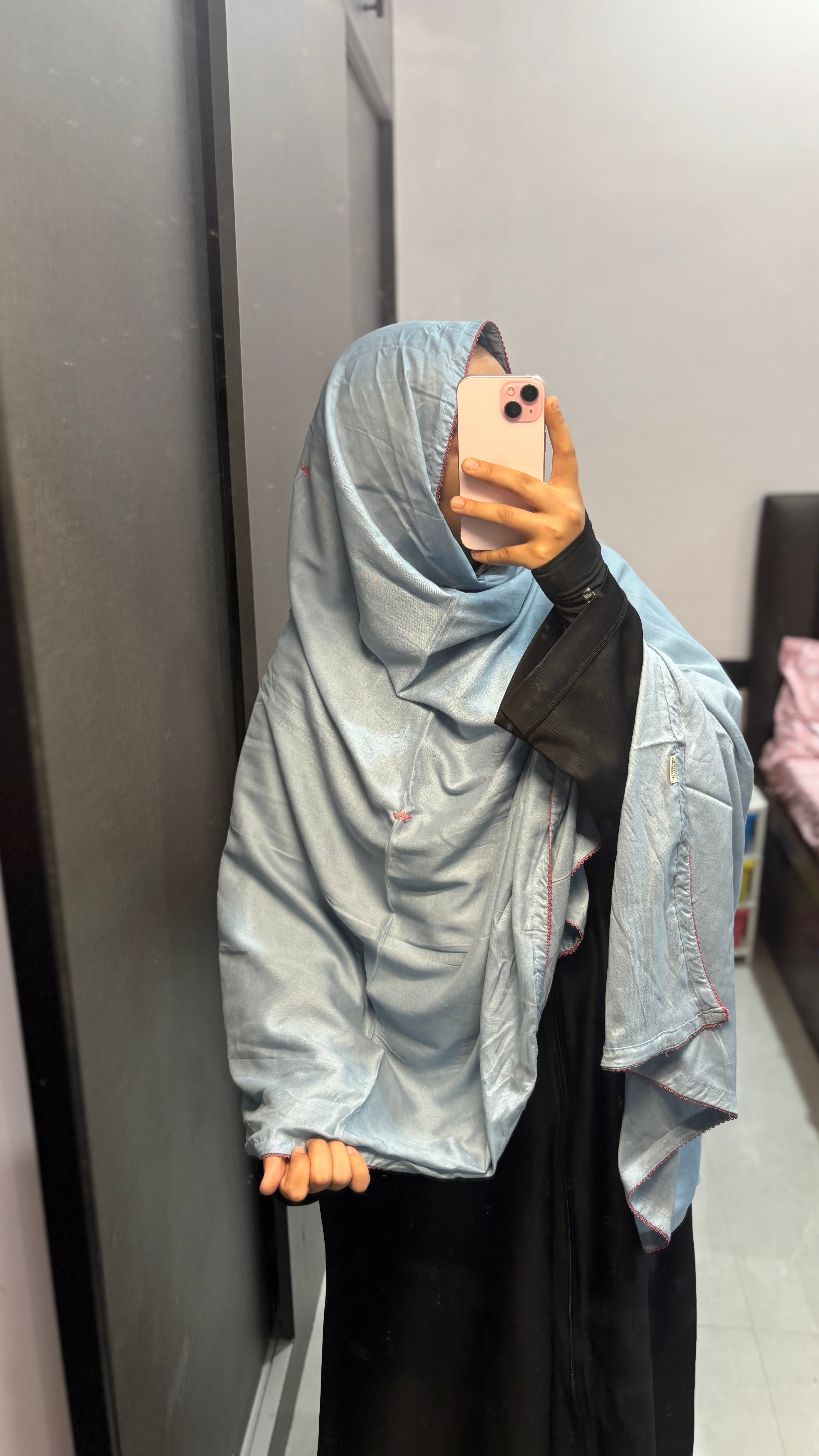 Baby Blue Dupatta With Pink Minimal Embroidery