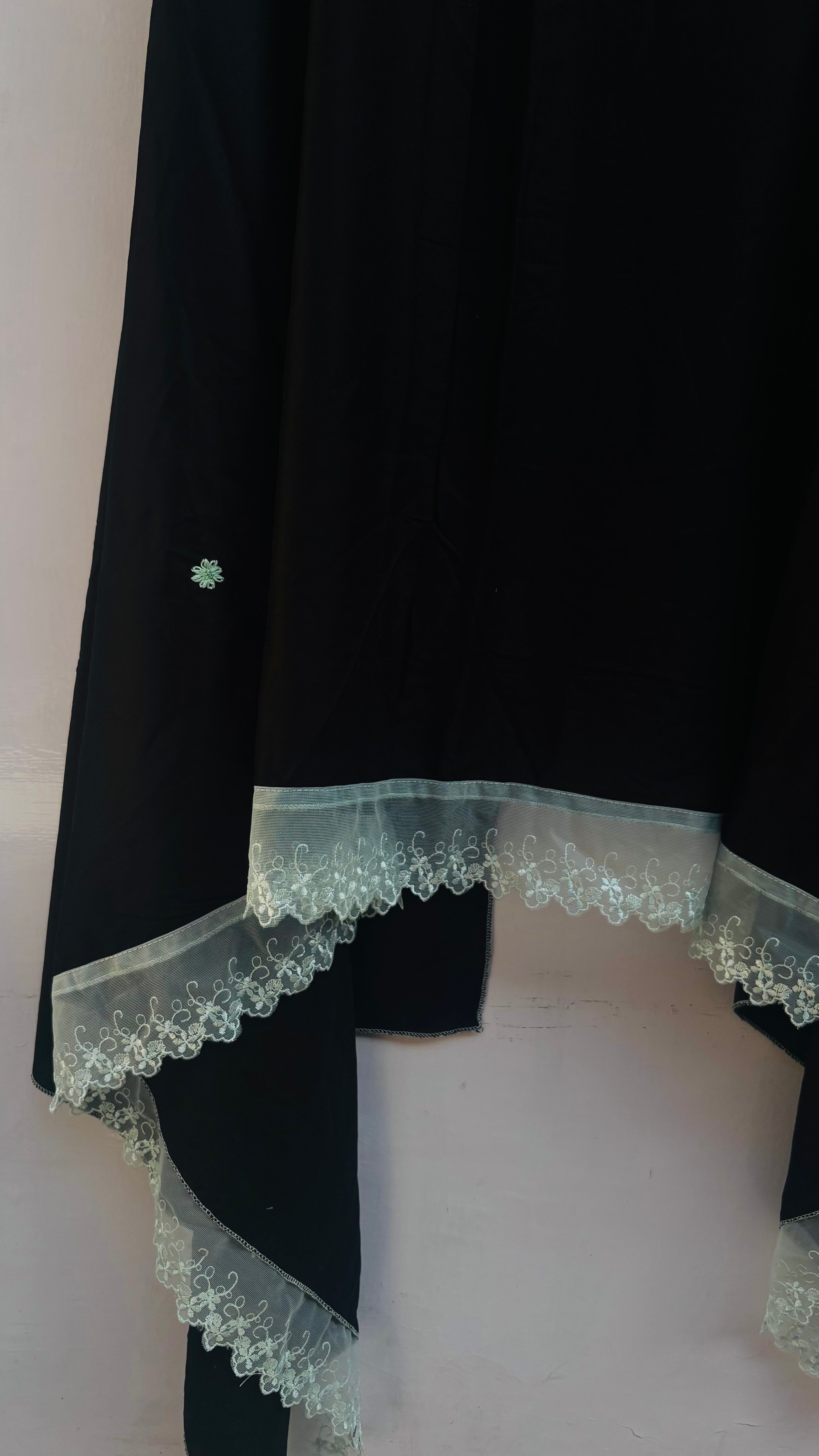 Embroidered black dupatta with green lace & floral booti