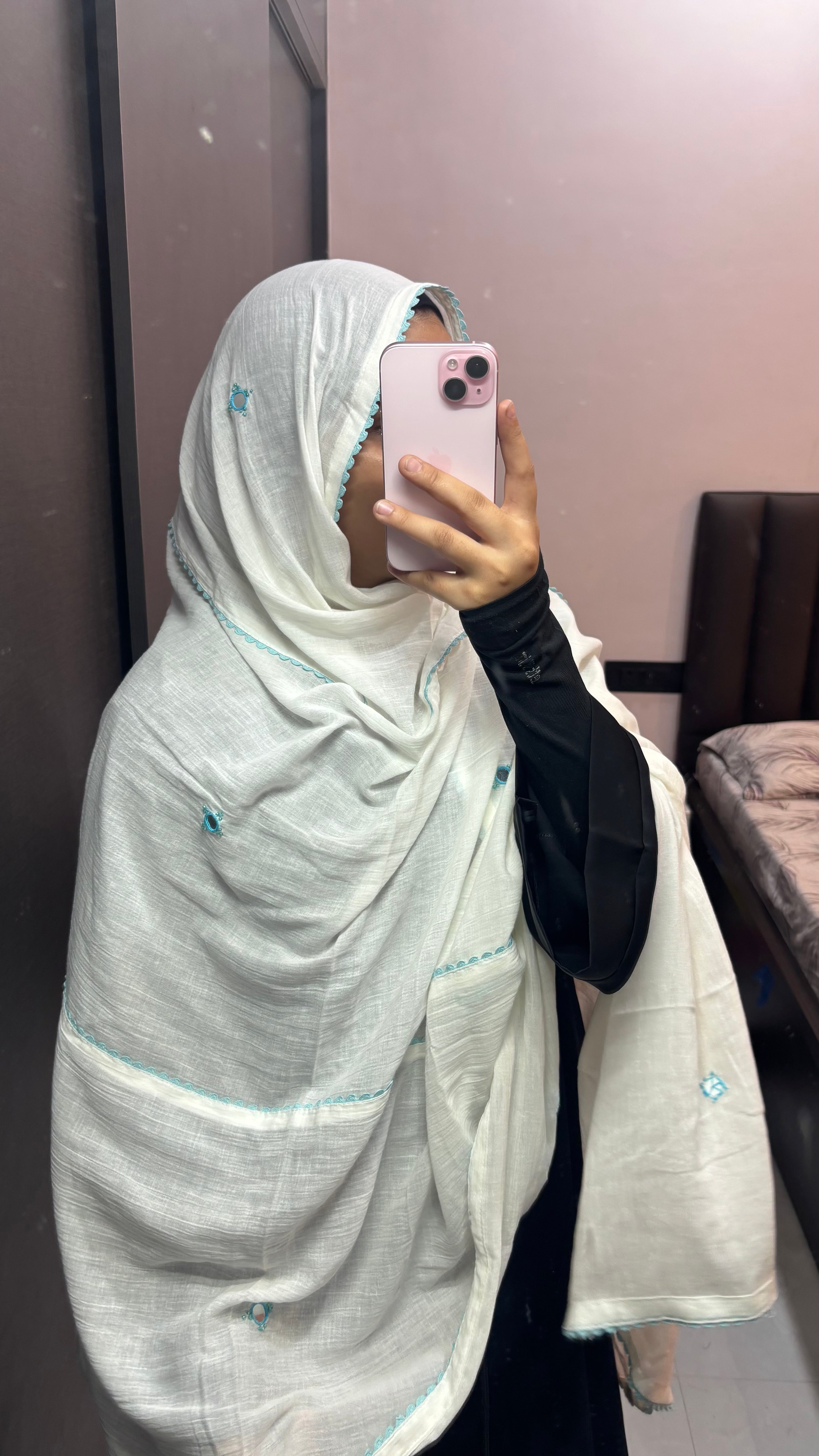 White & Blue Pure Cotton Embroidered Hand work Dupatta