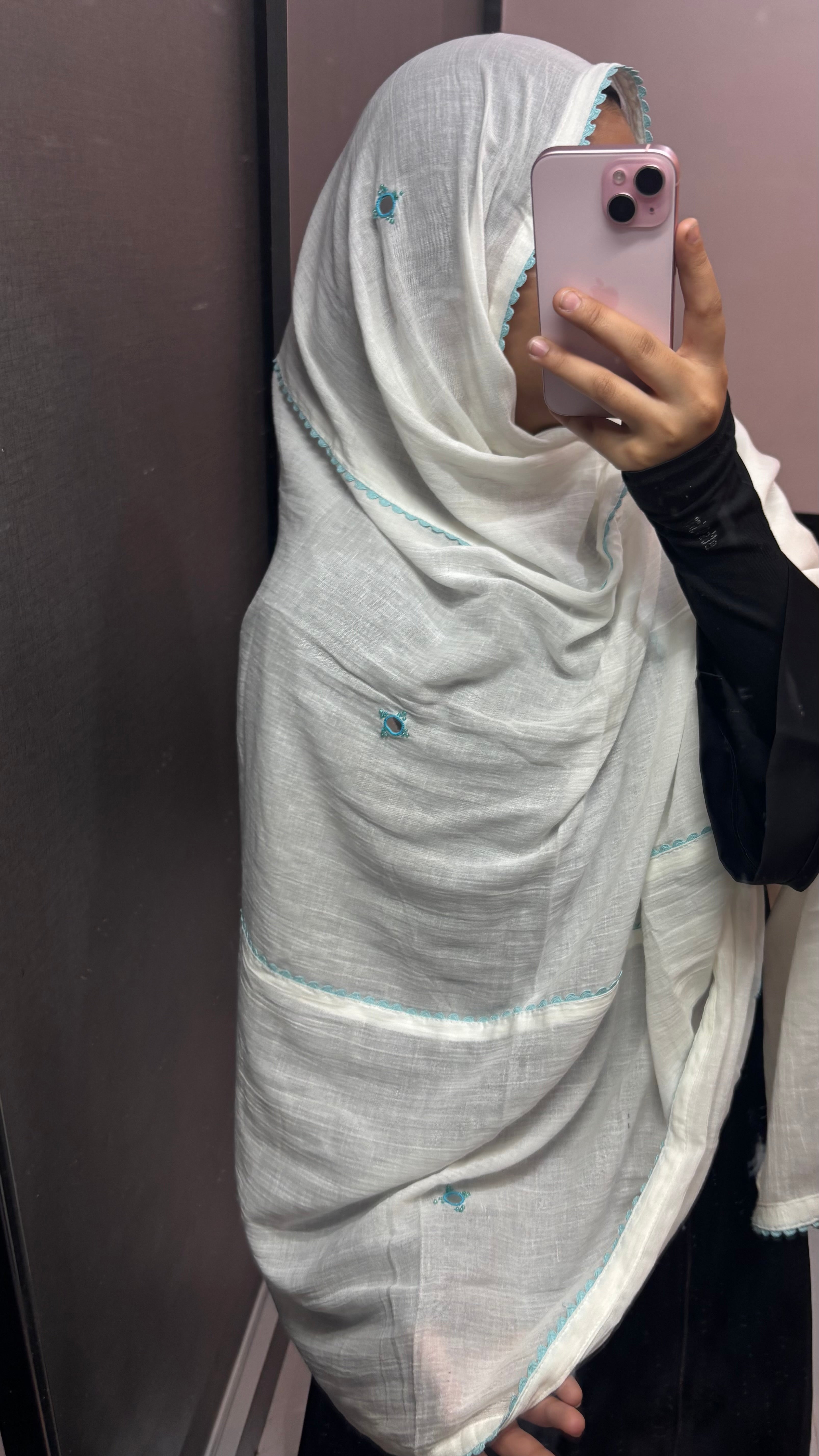White & Blue Pure Cotton Embroidered Hand work Dupatta