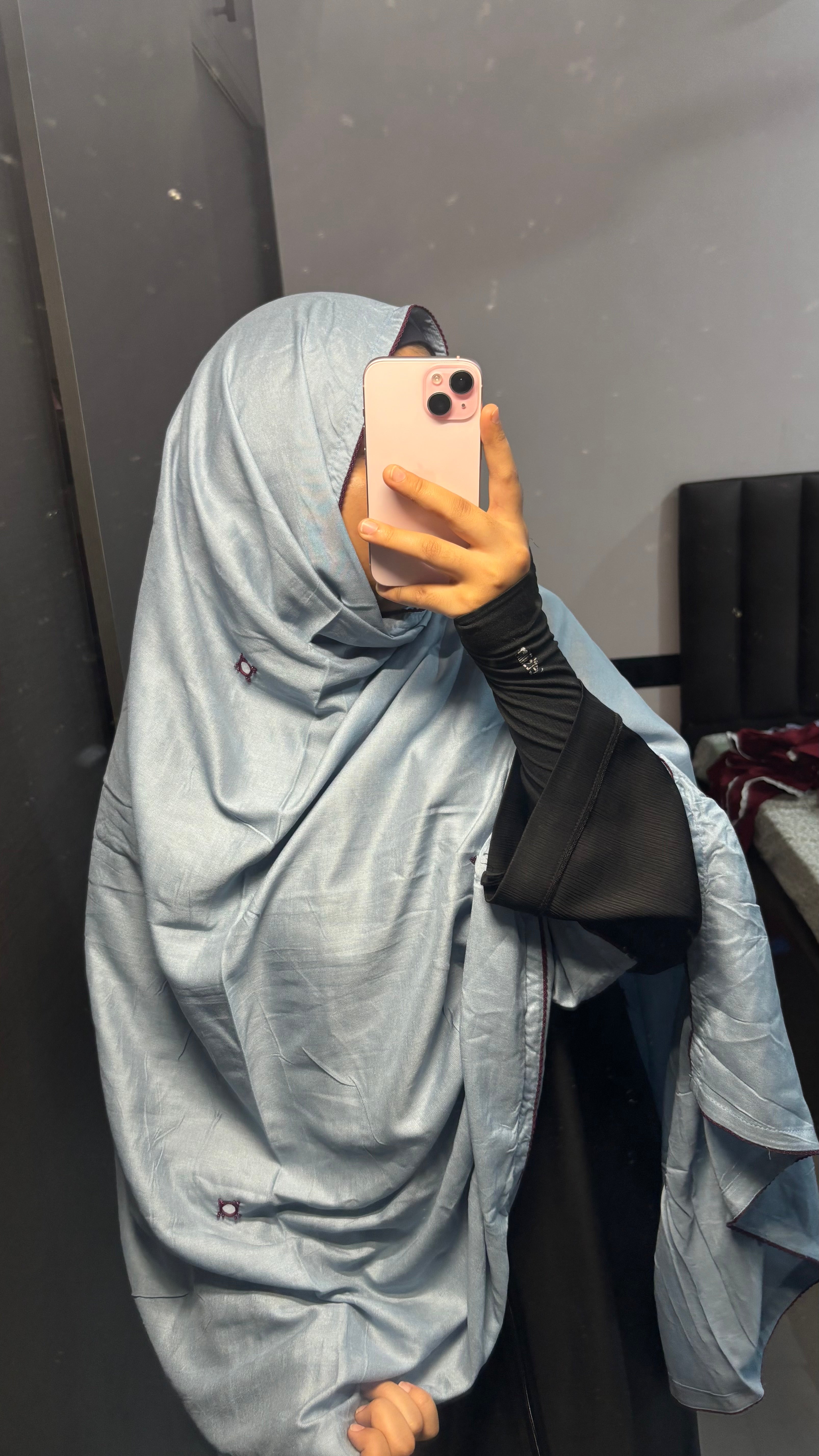 Grey Mirror Work Embroidery Rayon Dupatta