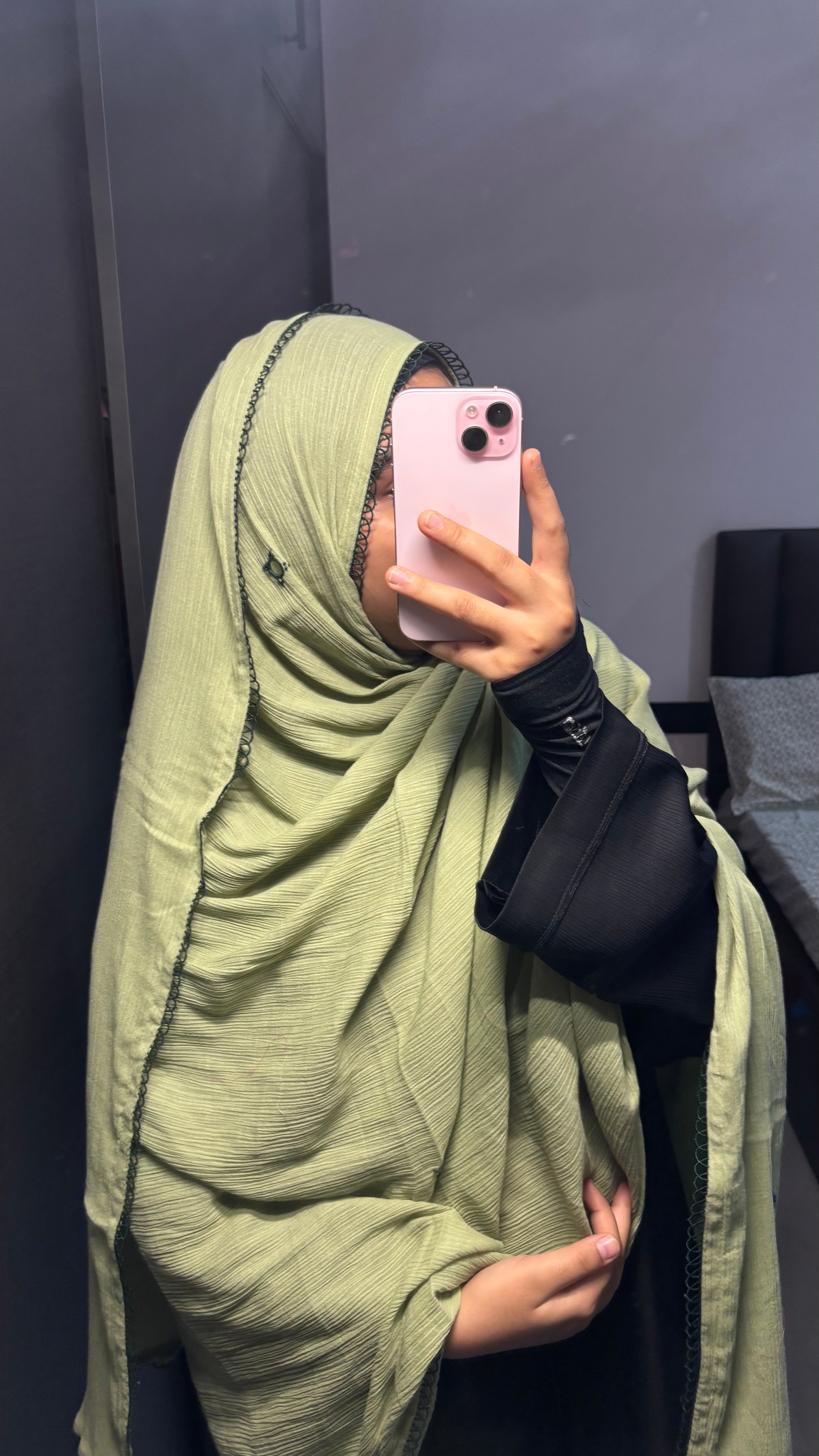 Green Cotton Crush Mirror work embroidered Dupatta