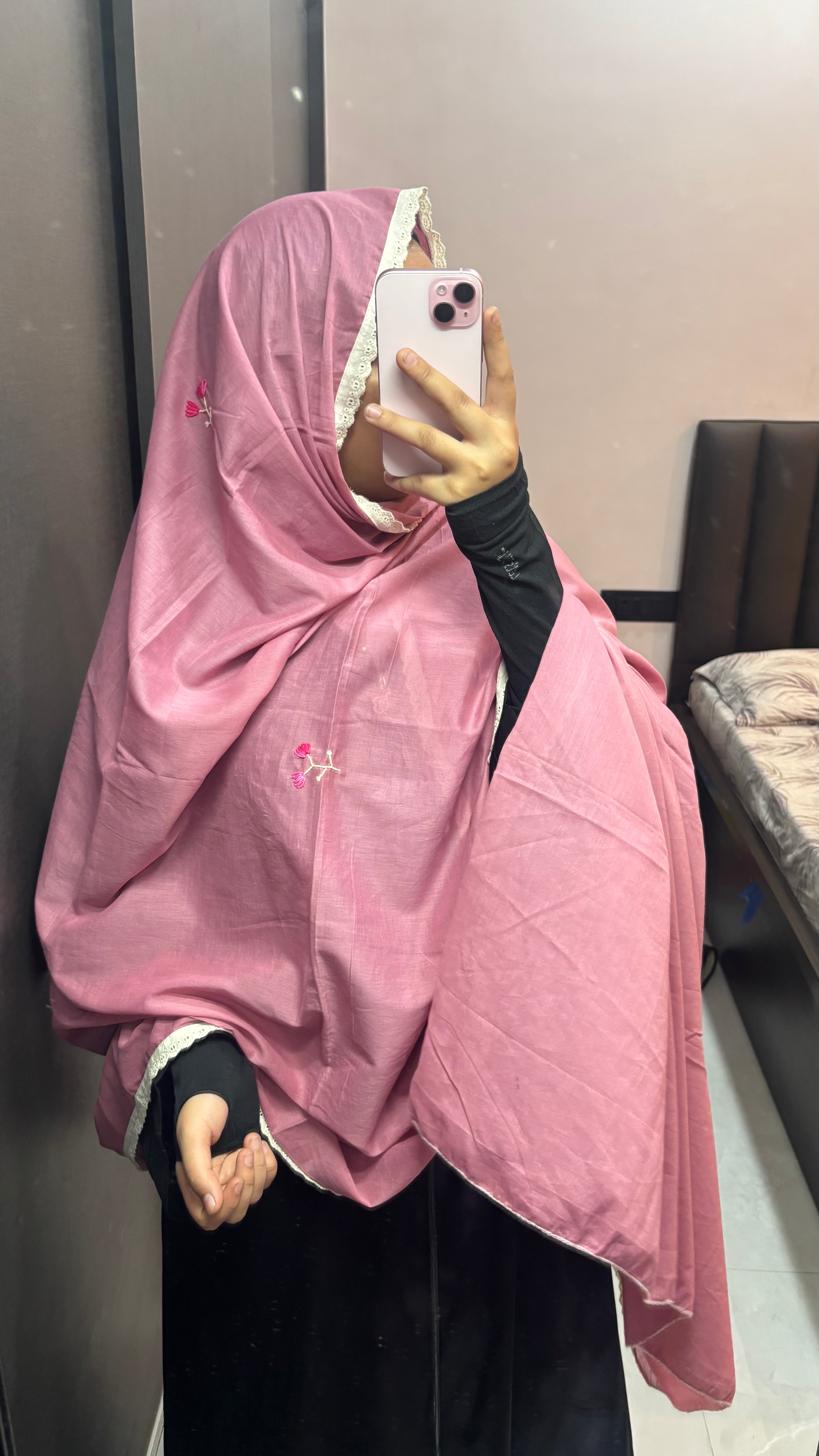 Pink & White Pure Cotton Hand Work Dupatta