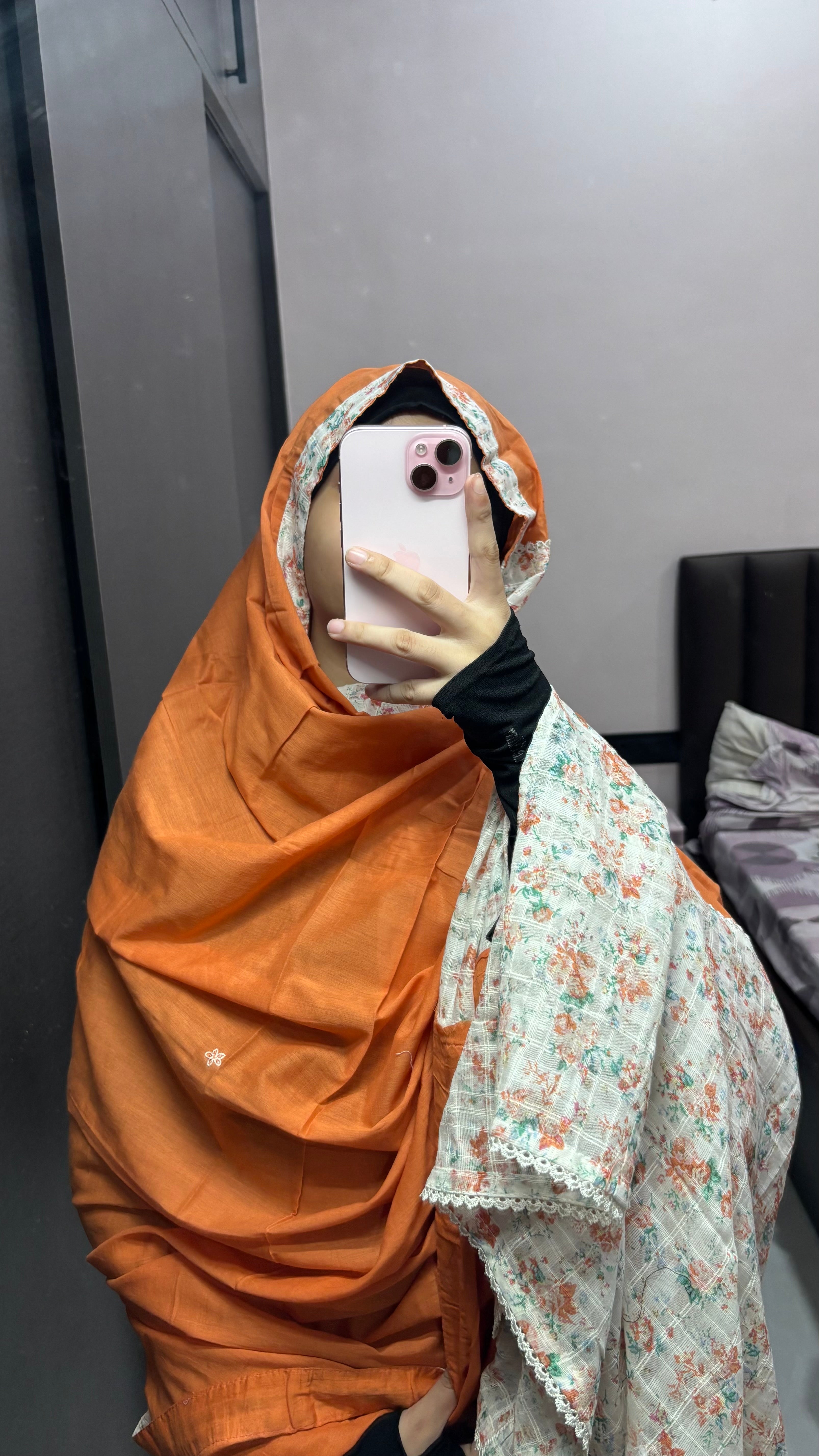 Orange and  white printed pure Cotton Designer Big Dupatta/Chadar