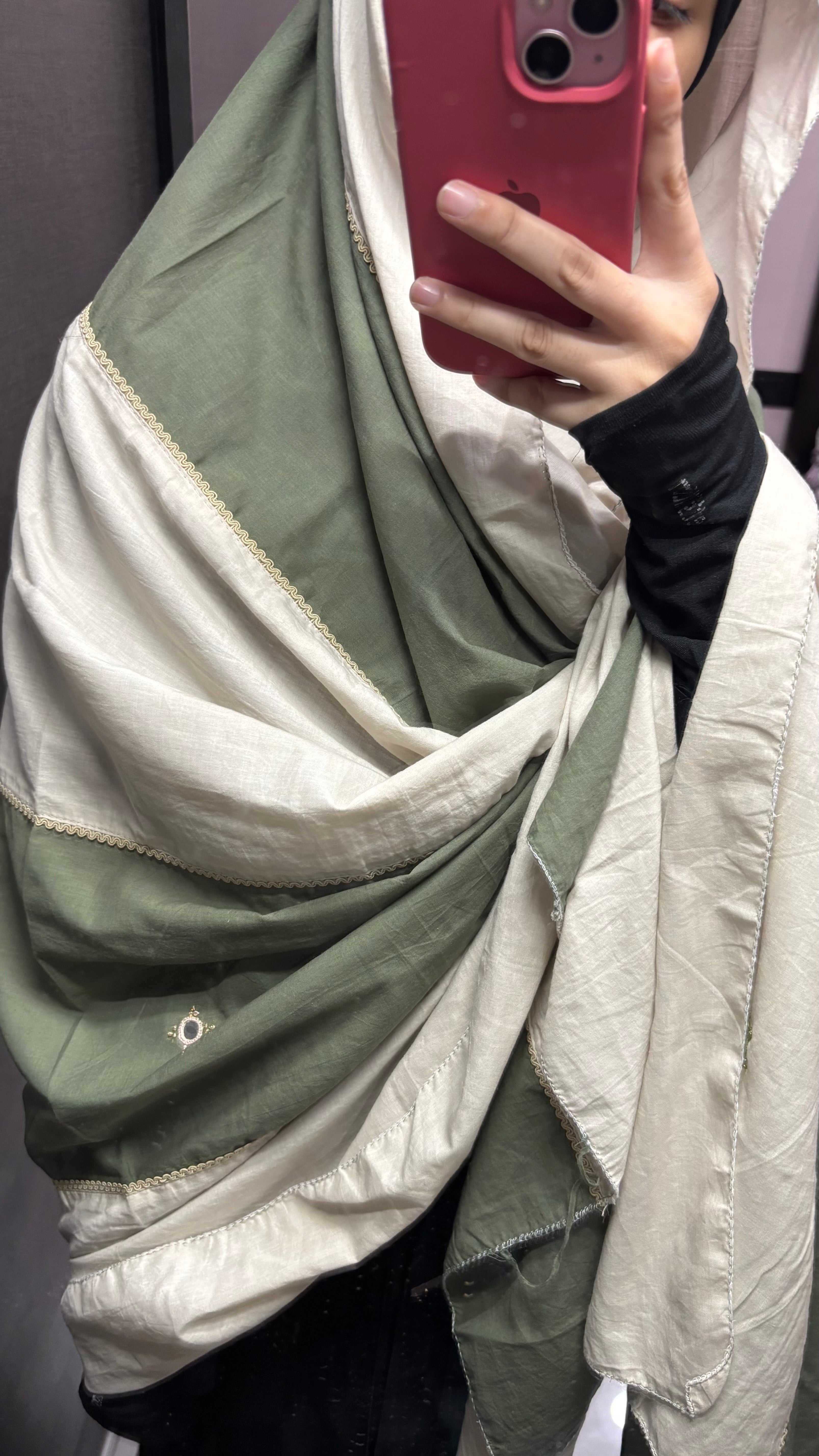 Beige & Green Big Size Embroidered Designer Chadar/Big Dupatta