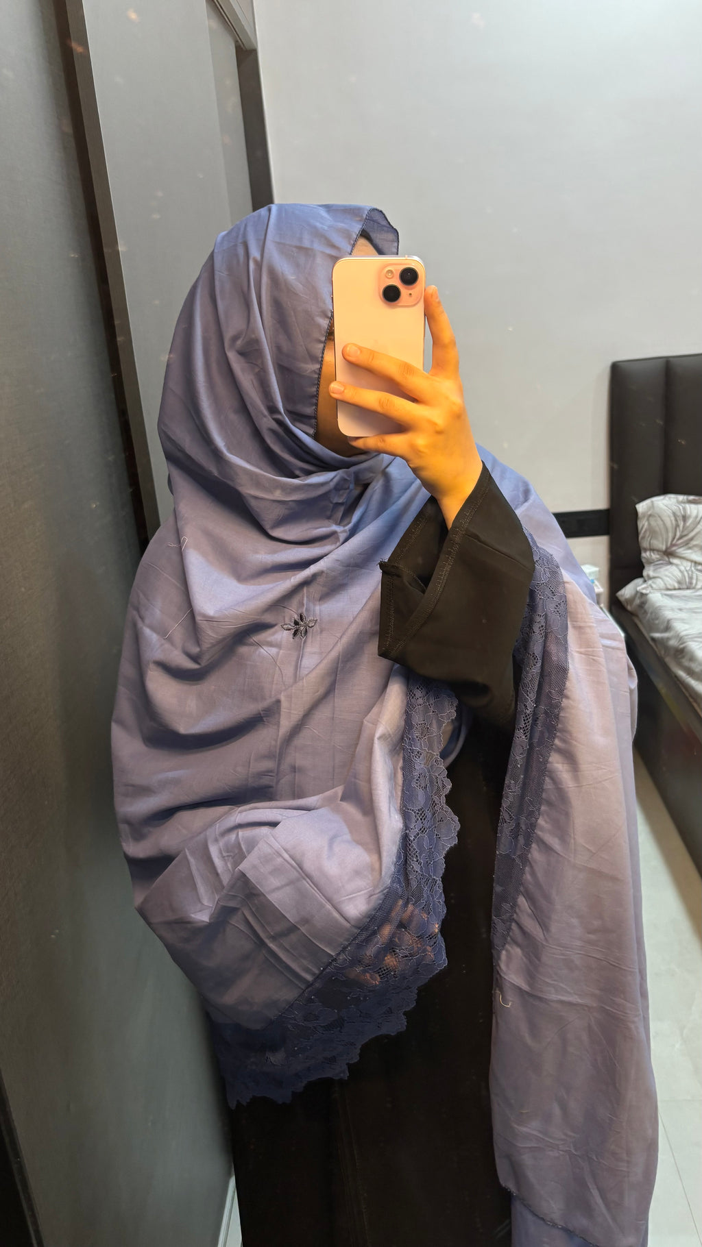 Blue Hand Work Dupatta with Floral Lace
