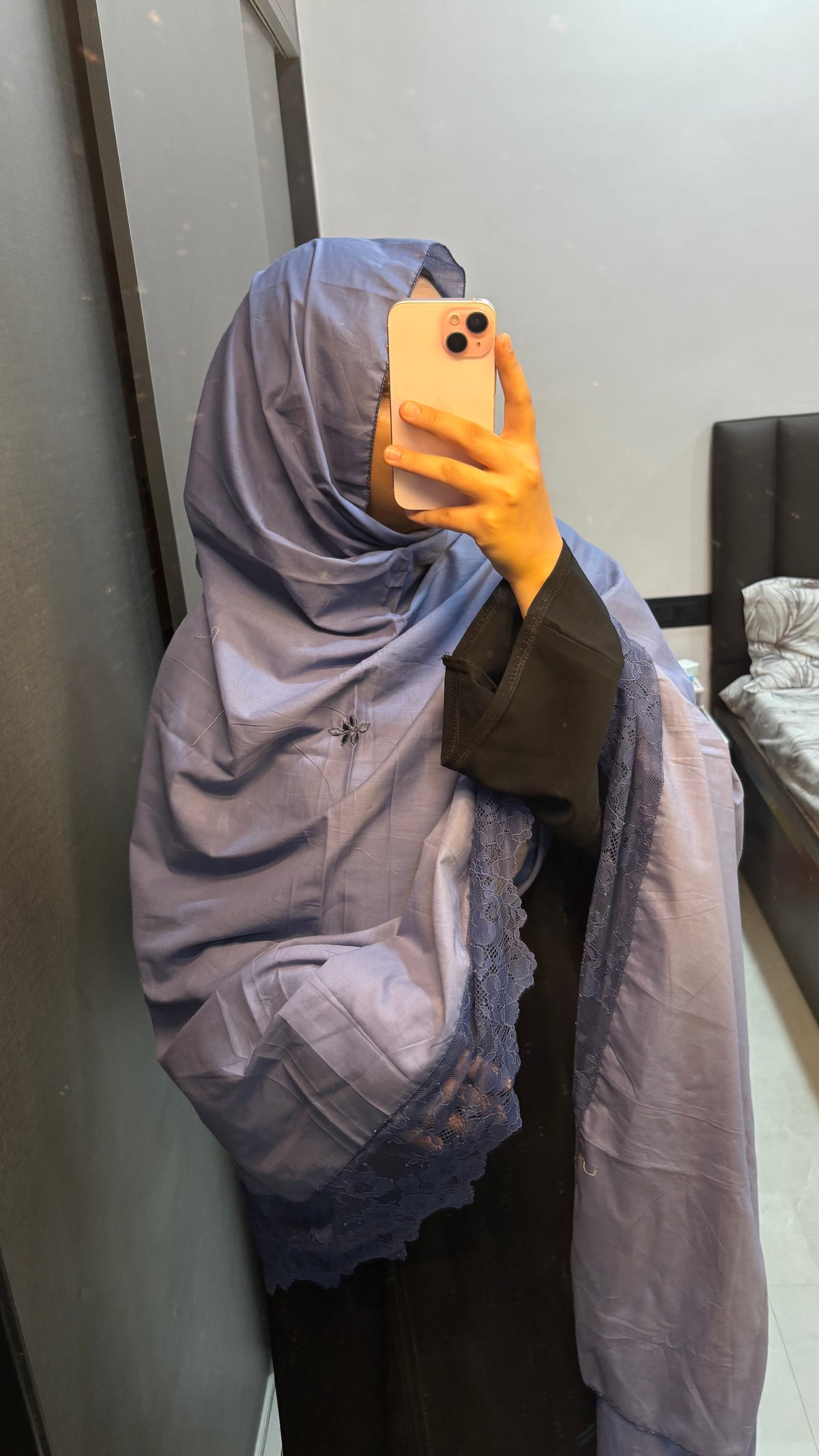 Blue Hand Work Dupatta with Floral Lace