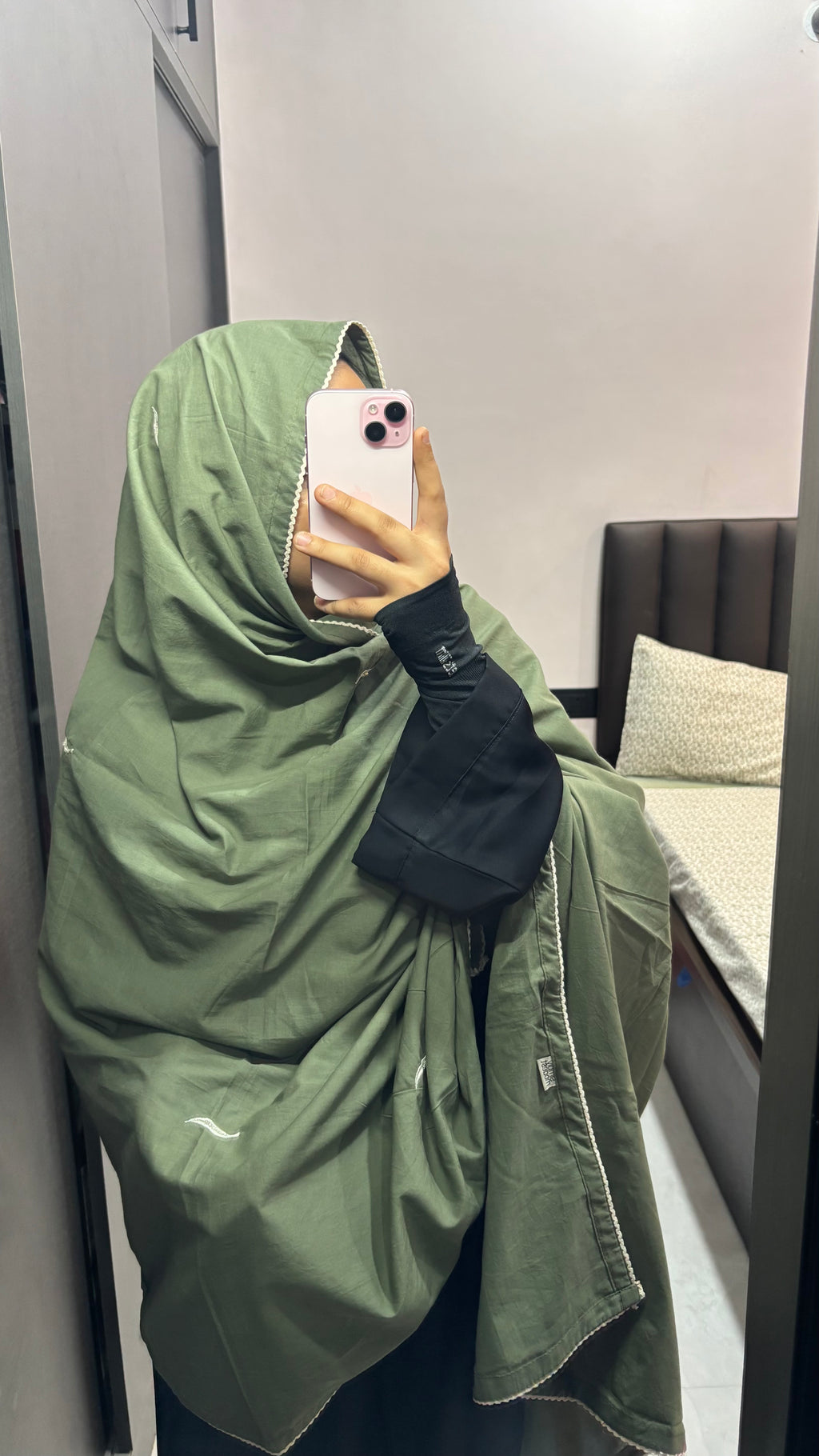Olive Green & Beige Leaf Design Embroidery Pure Cotton Dupatta
