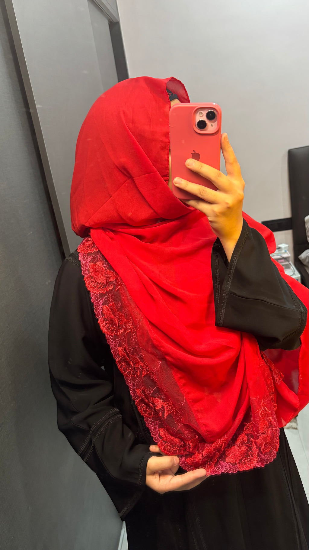 Red Floral Lace Chiffon Hijab