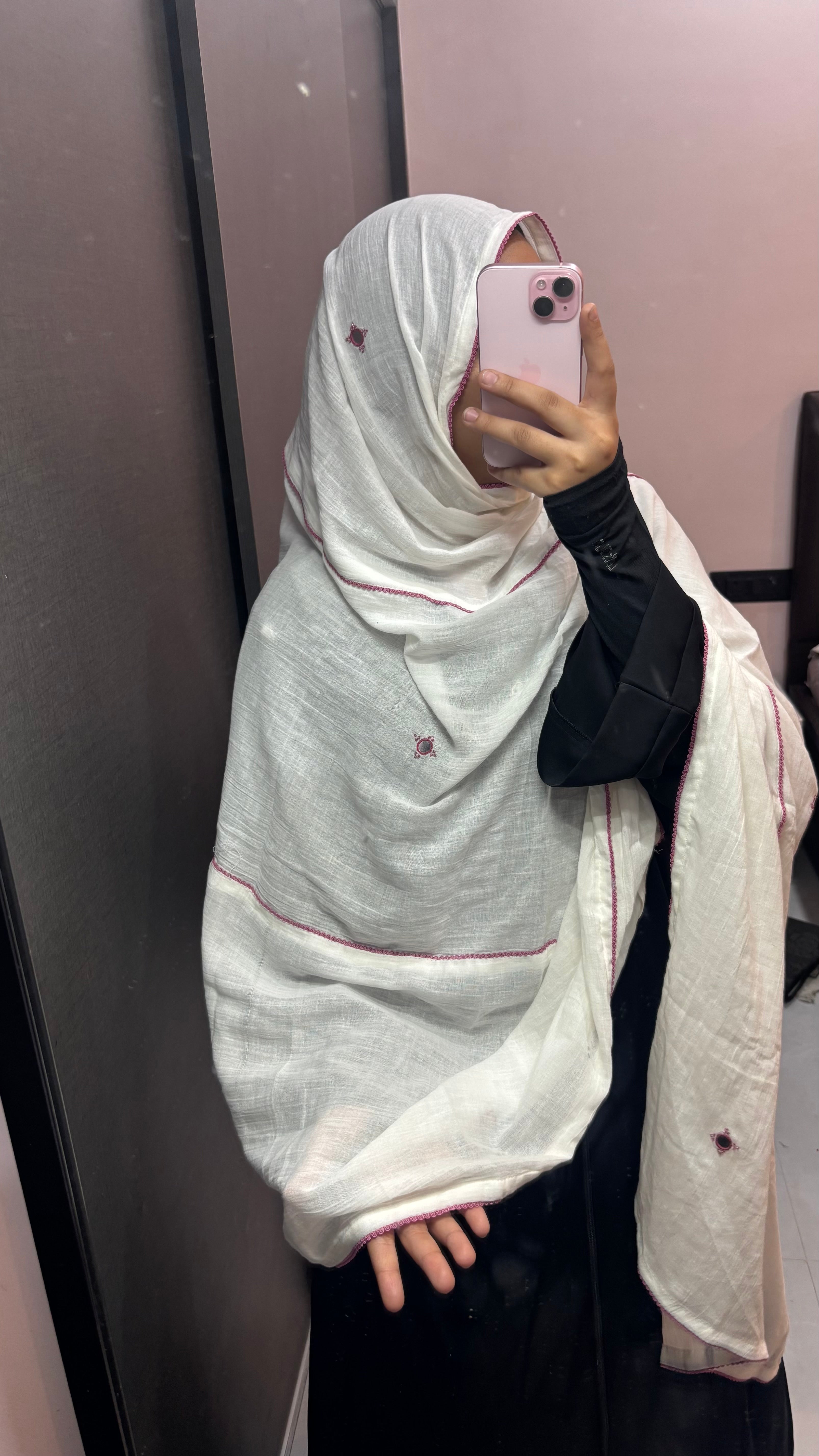 White & Pink Designer Embroidered Pure Cotton Dupatta