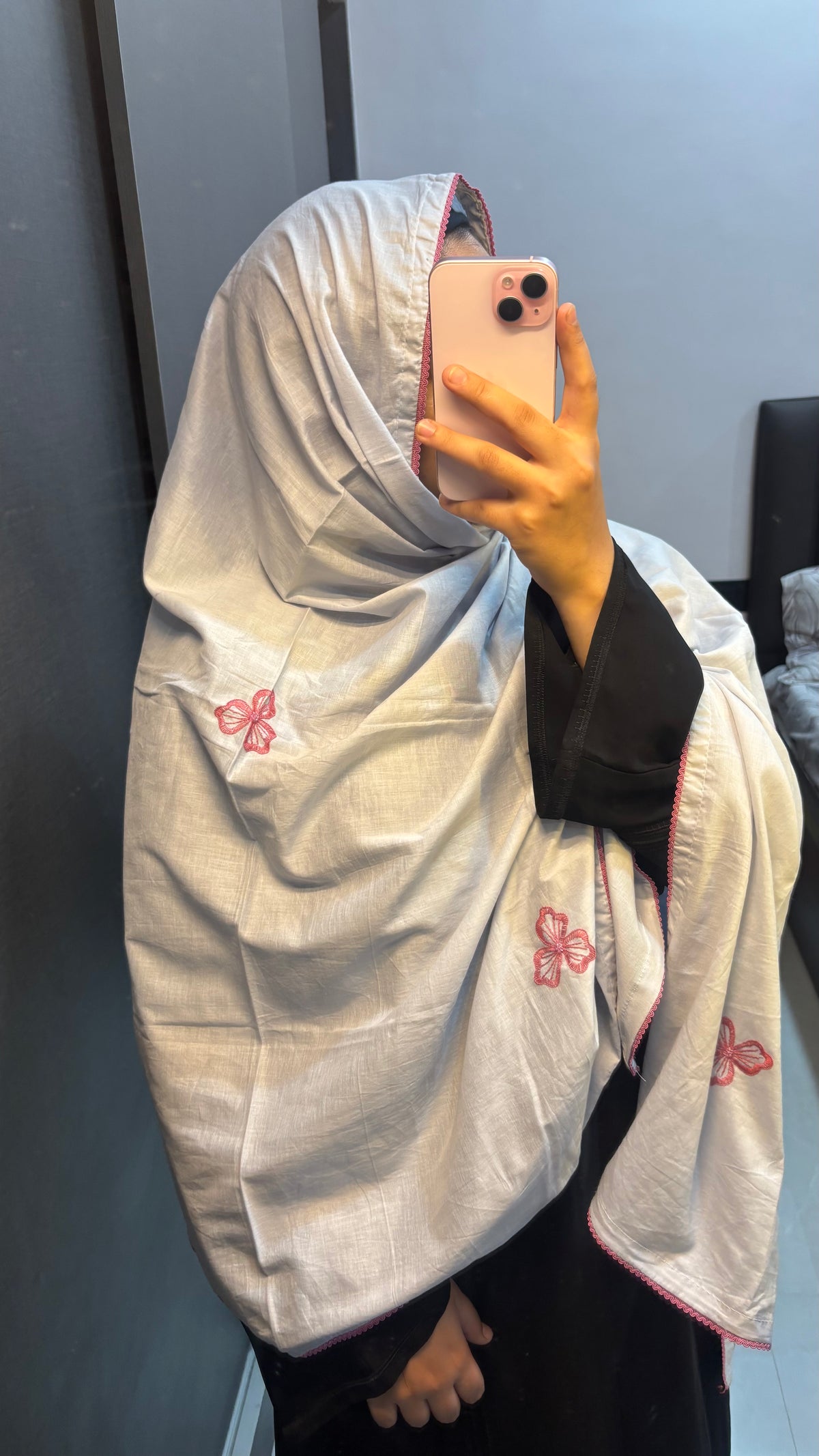 Pure Cotton Grey & Pink HandWork Dupatta