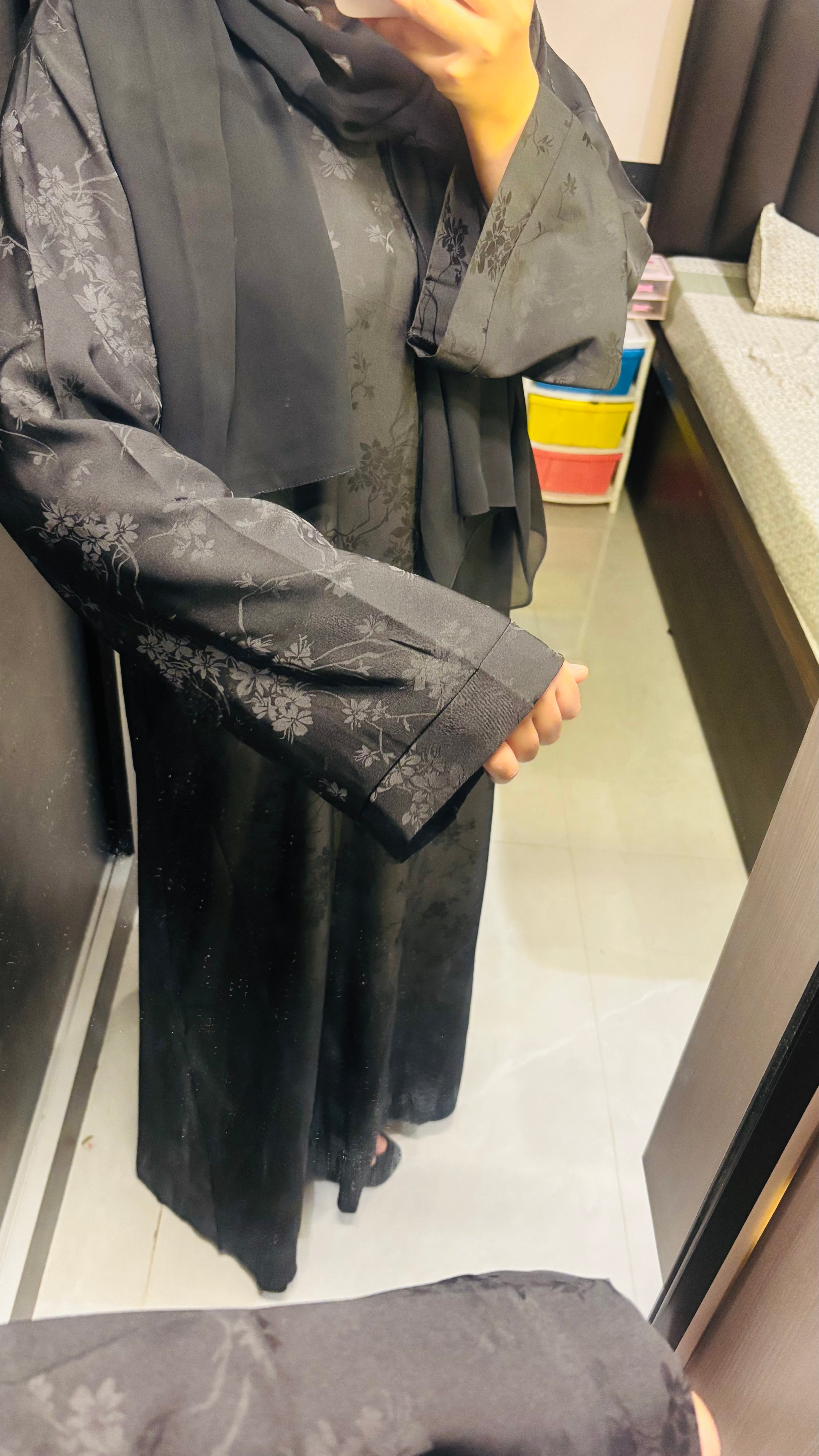 Imported Self Floral Print Abaya - Front Closed