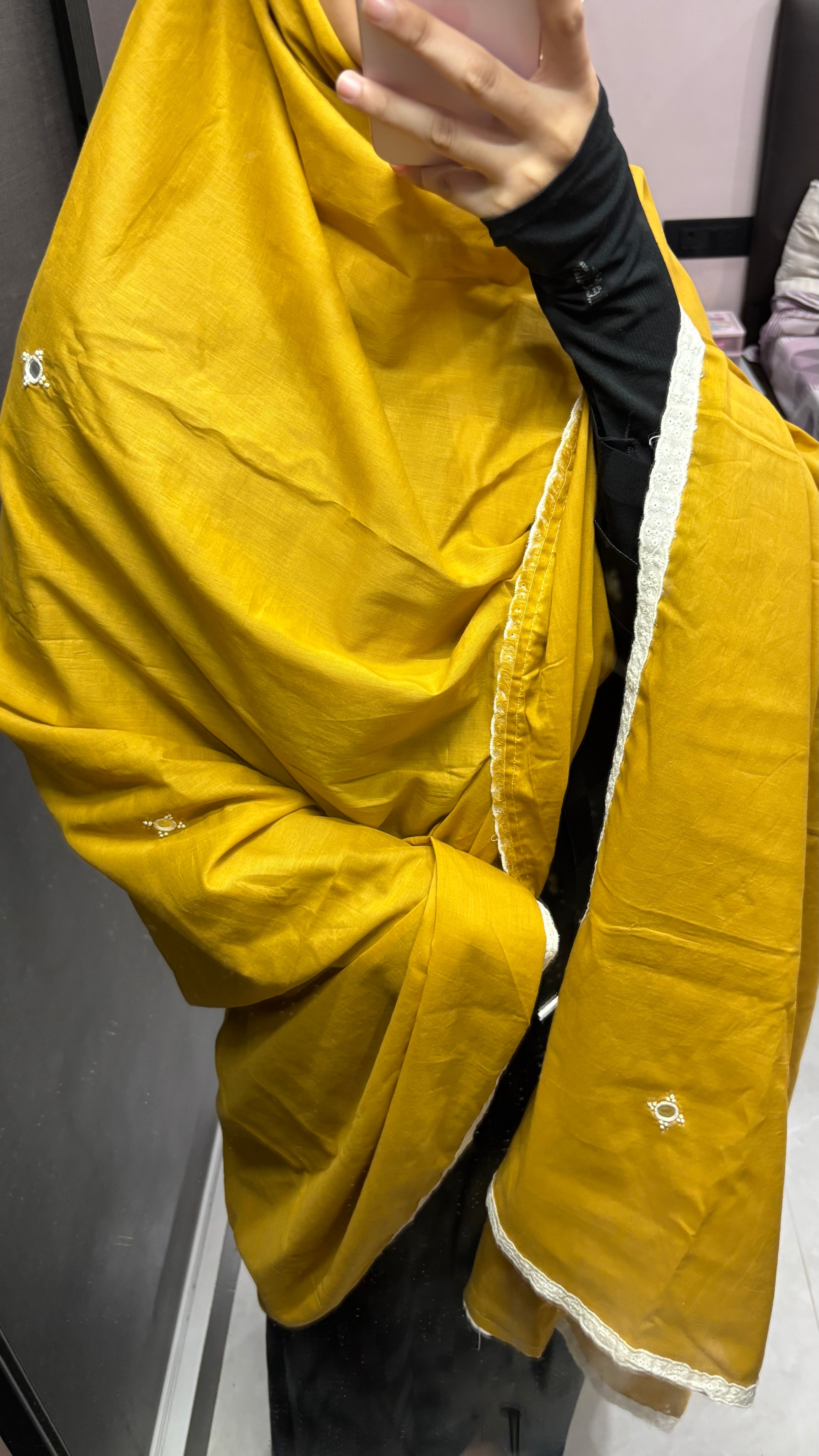 Mustard Pure Cotton Mirror Work Big Dupatta/Chadar