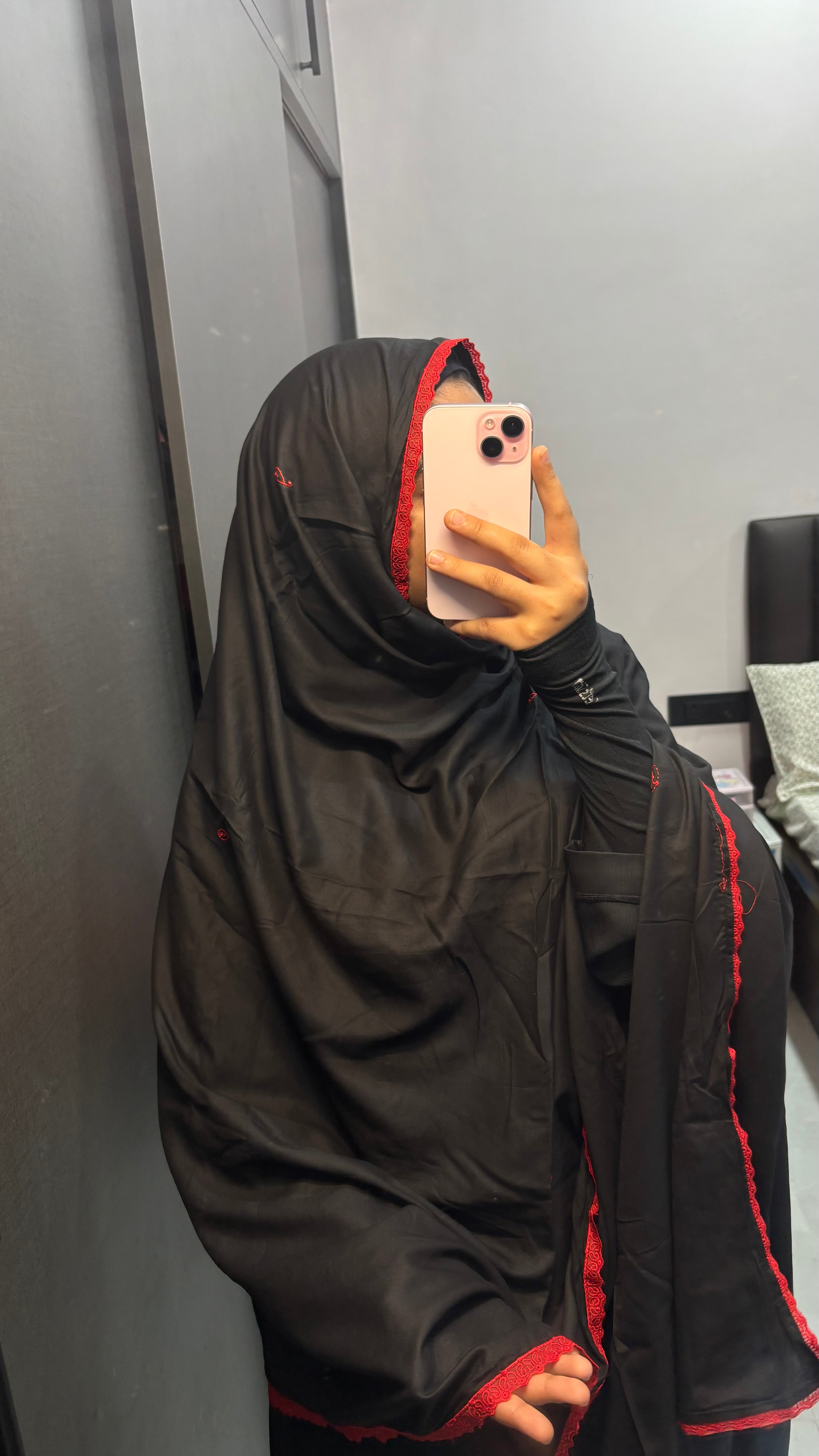 Black & Red Organza Lace Rayon Dupatta