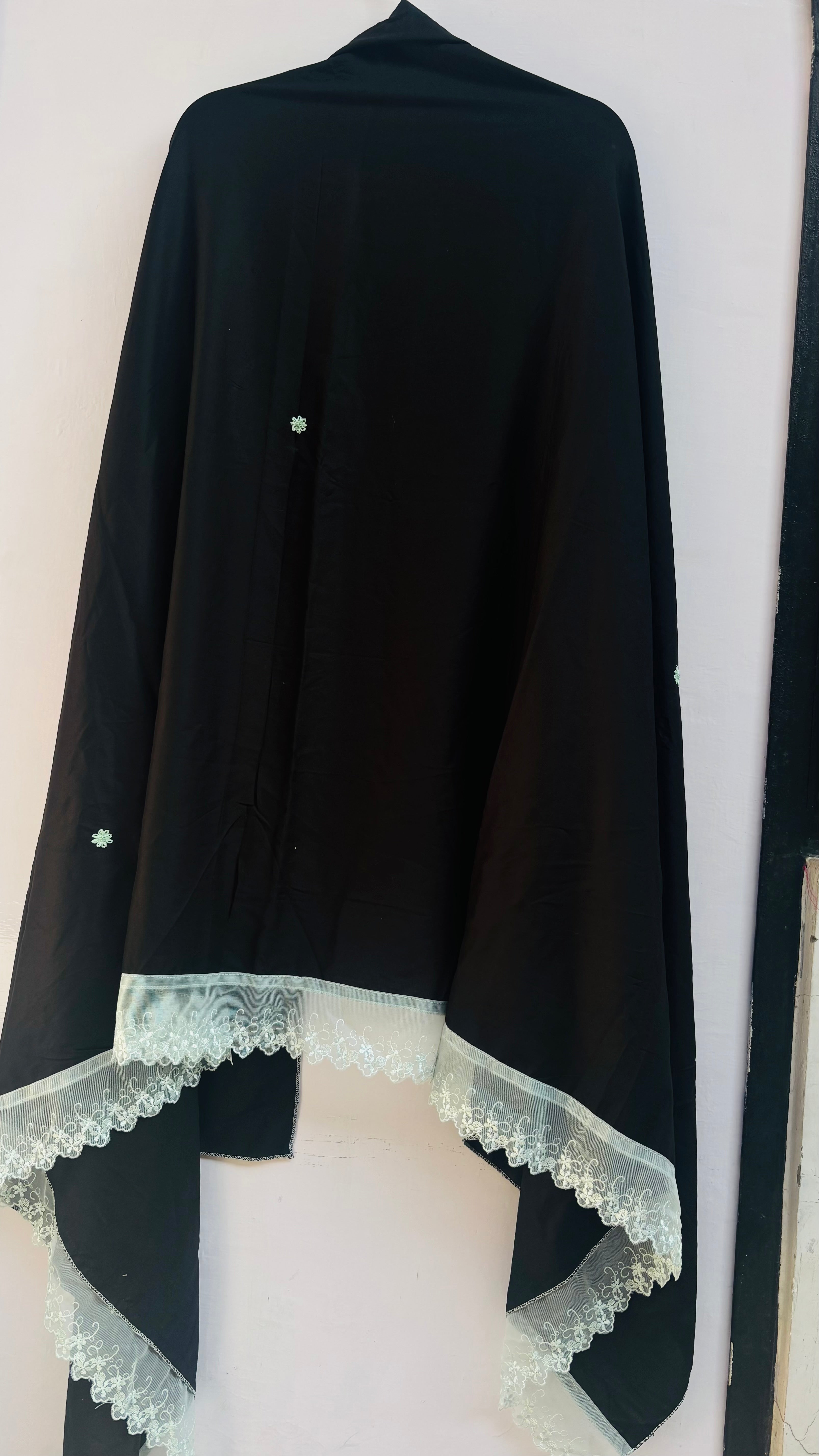 Embroidered black dupatta with green lace & floral booti