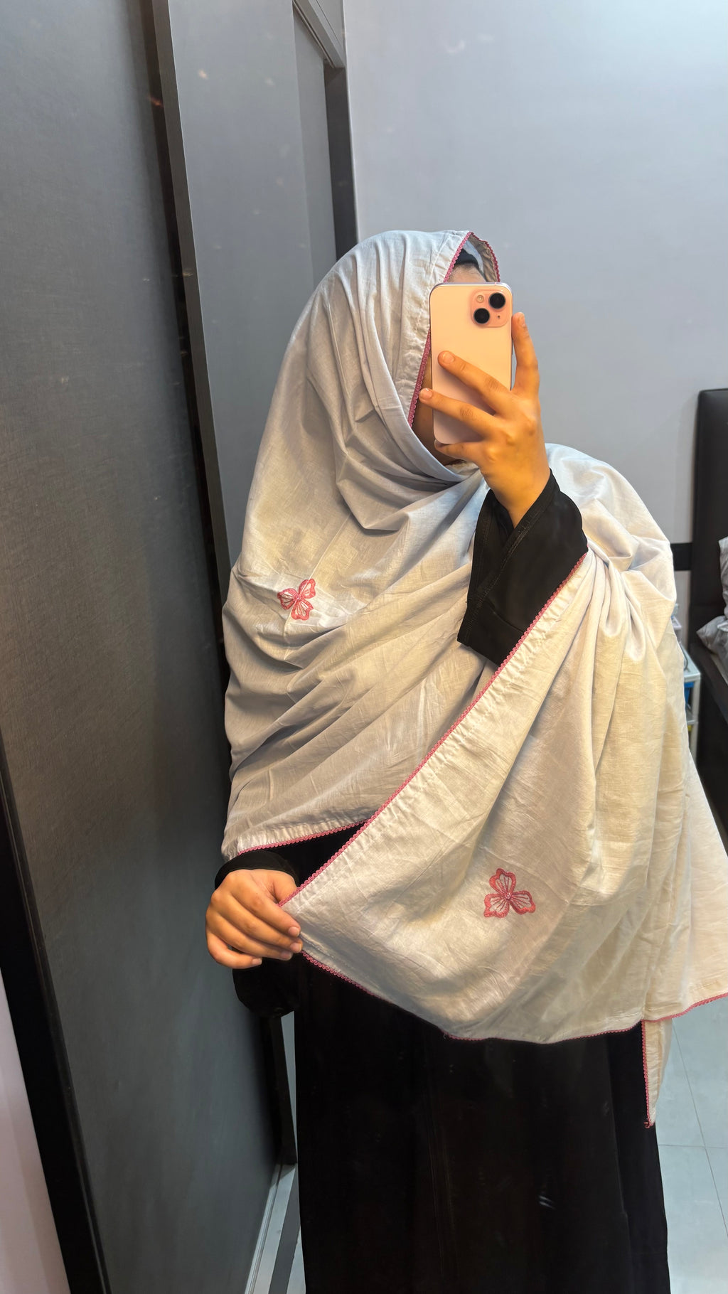 Pure Cotton Grey & Pink HandWork Dupatta