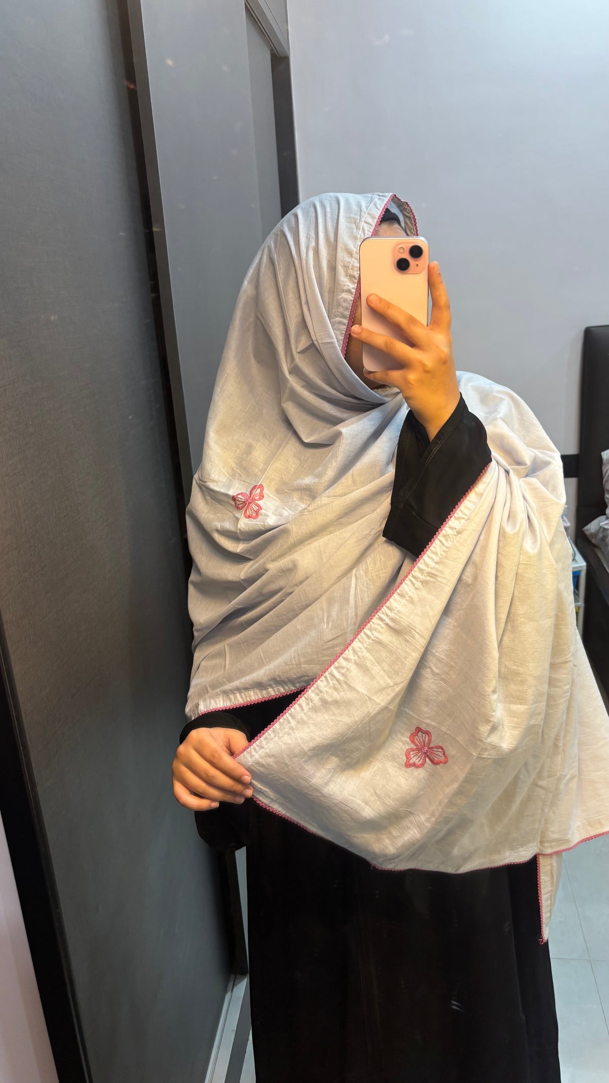 Pure Cotton Grey & Pink HandWork Dupatta