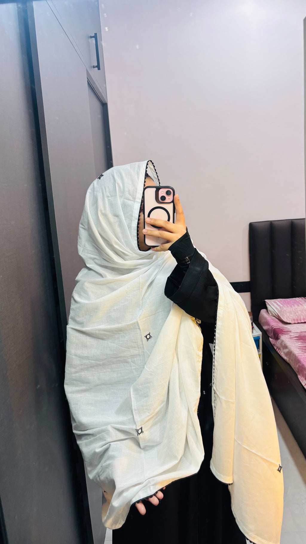 Soft Rayon Milky White dupatta with Black lace