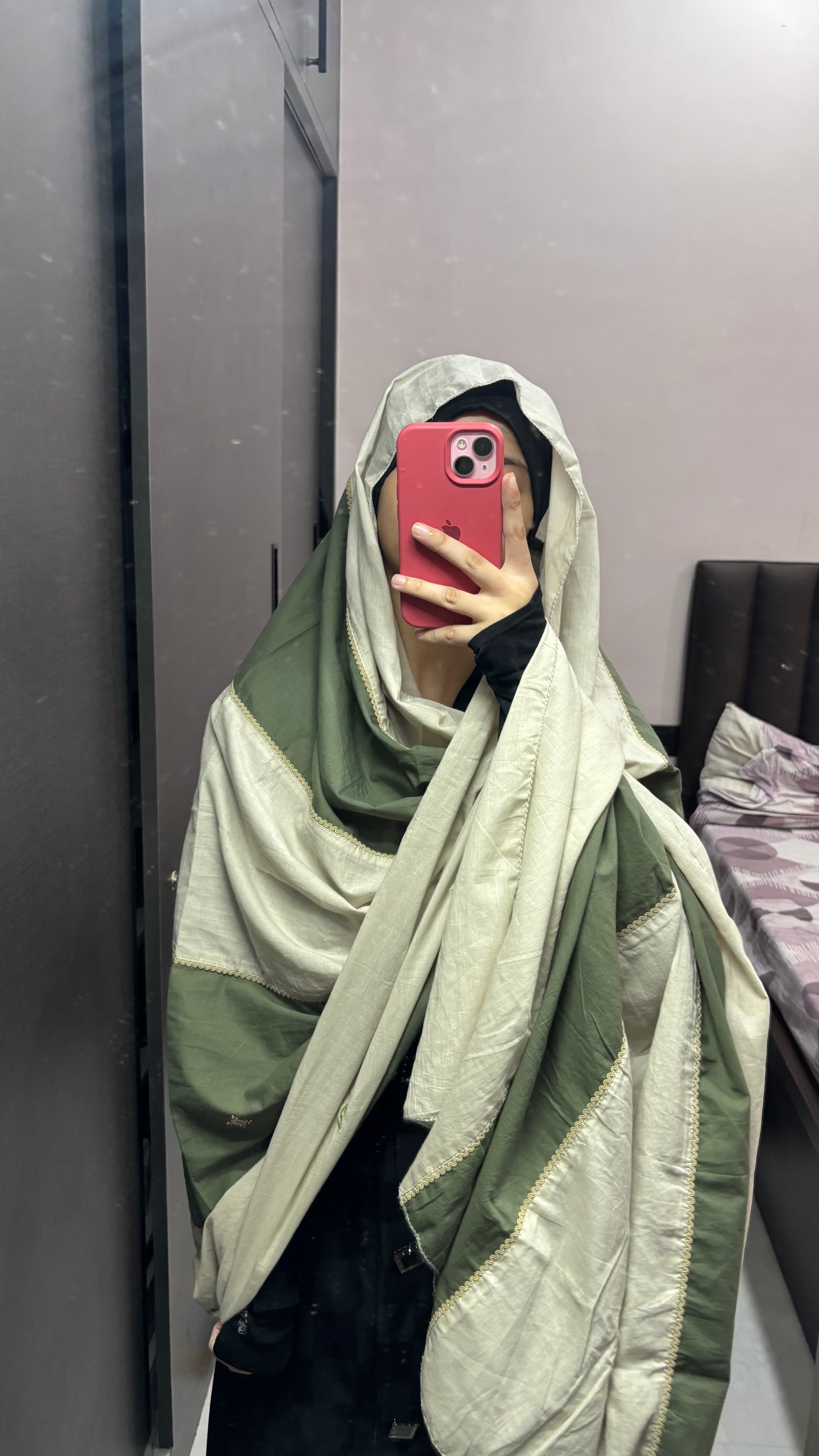 Beige & Green Big Size Embroidered Designer Chadar/Big Dupatta