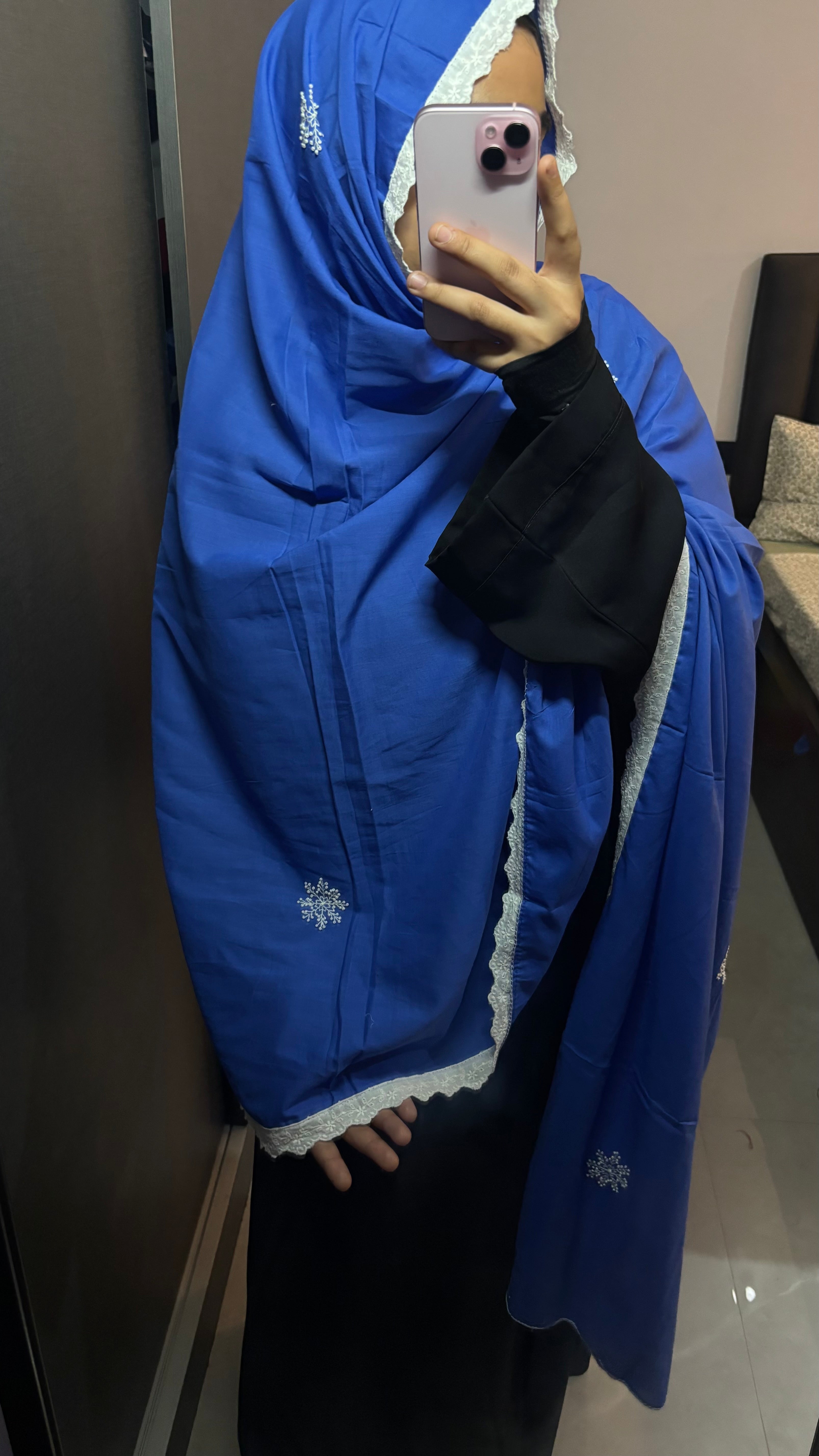Blue Snowflakes Lace Pure Cotton Dupatta