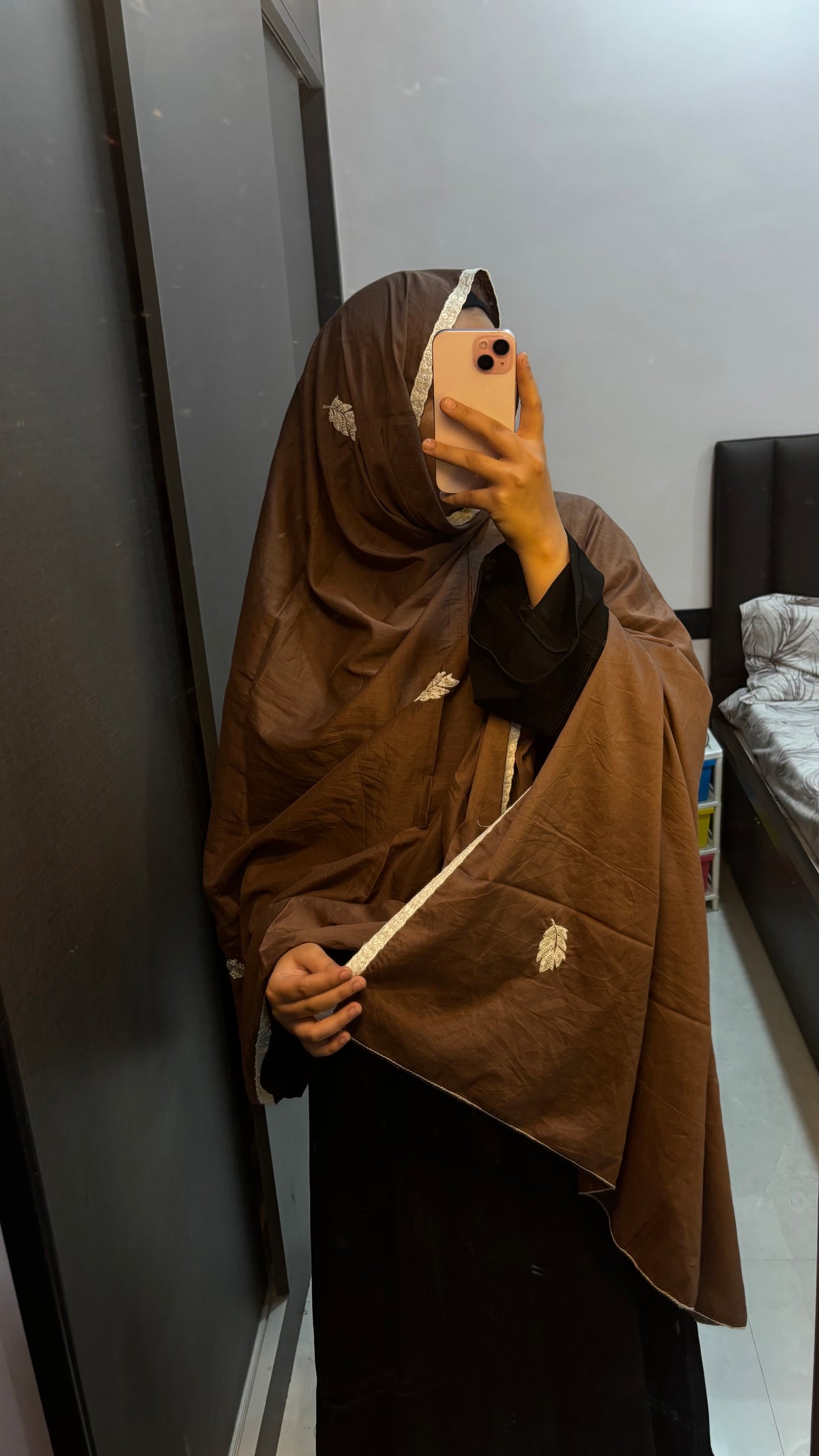 Brown & White Pure Cotton Hand Work Dupatta