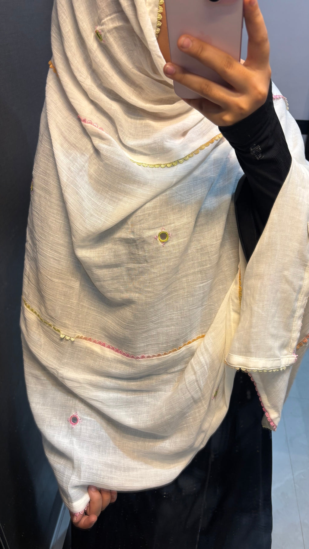 White & Multi Embroidery and Hand work Dupatta