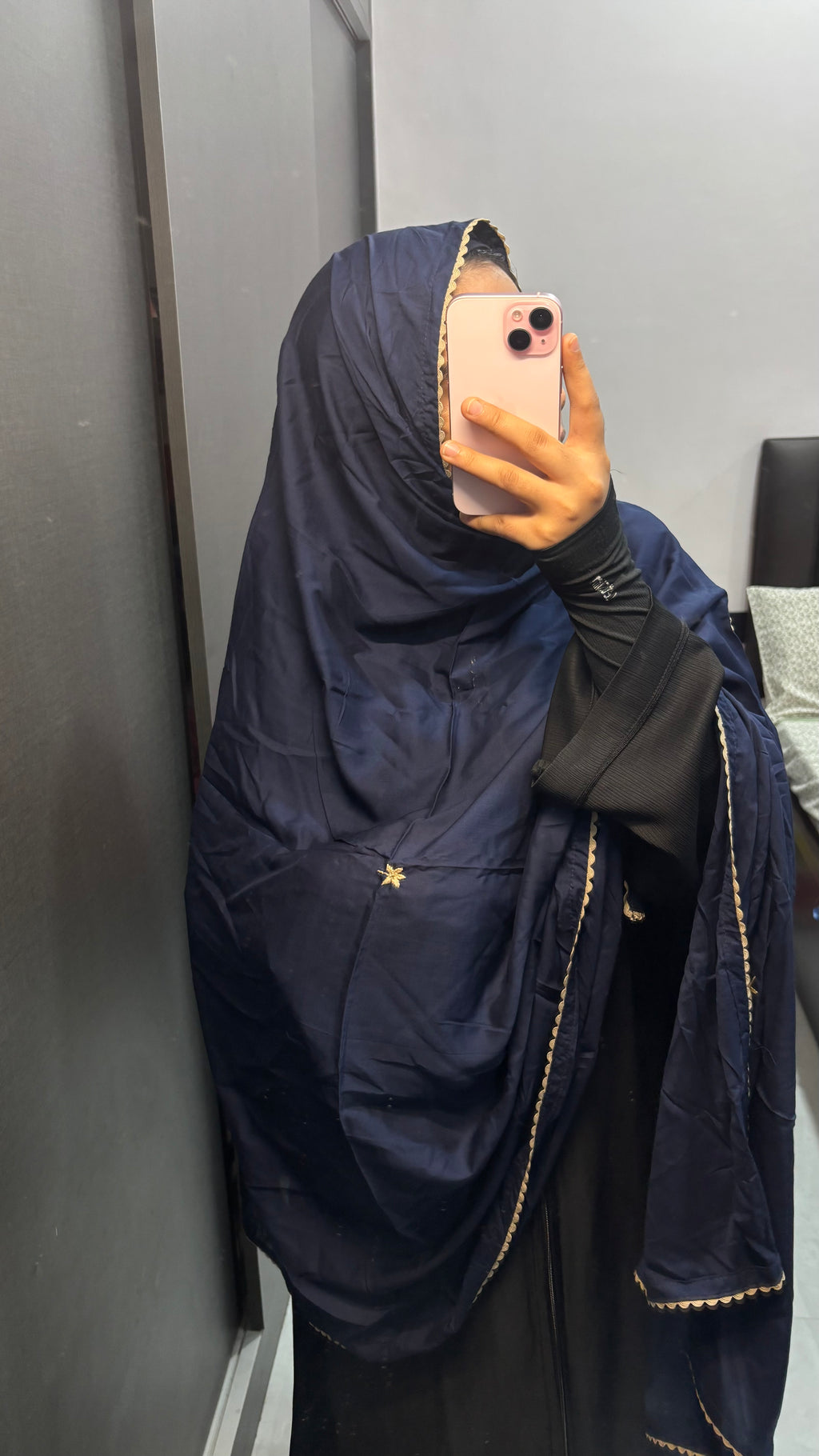 Navy Blue & Off Beige Embroidery Rayon Dupatta