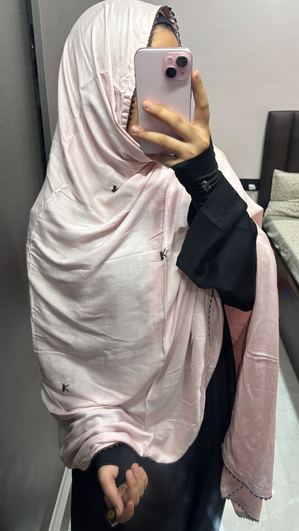 Baby Pink & Brown Minimal Bow Embroidered Rayon Dupatta