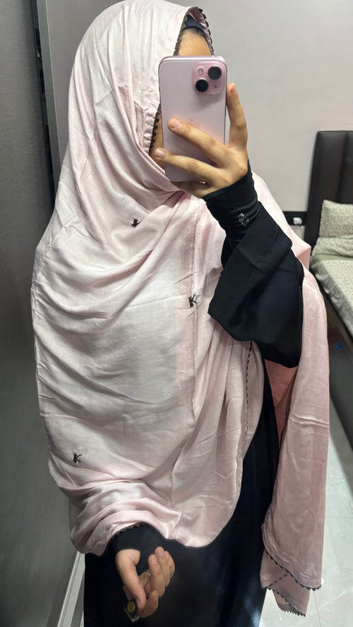 Baby Pink & Brown Minimal Bow Embroidered Rayon Dupatta