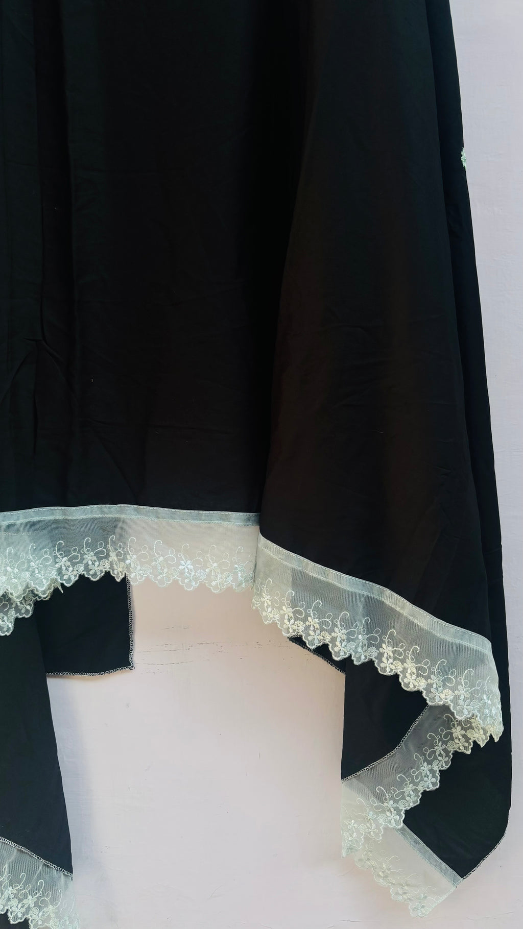 Embroidered black dupatta with green lace & floral booti