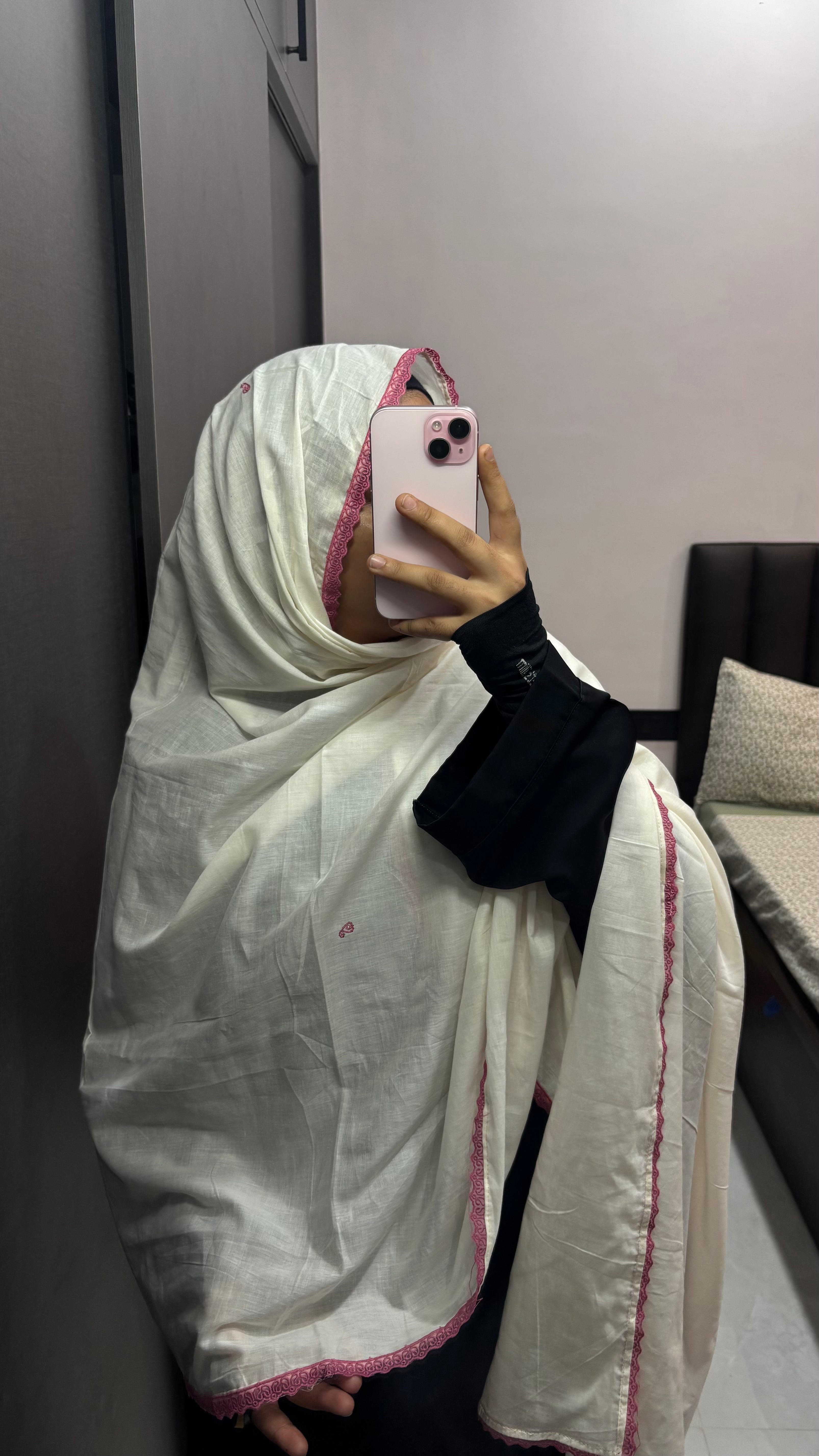 Pink & White Organza lace Pure Cotton Dupatta