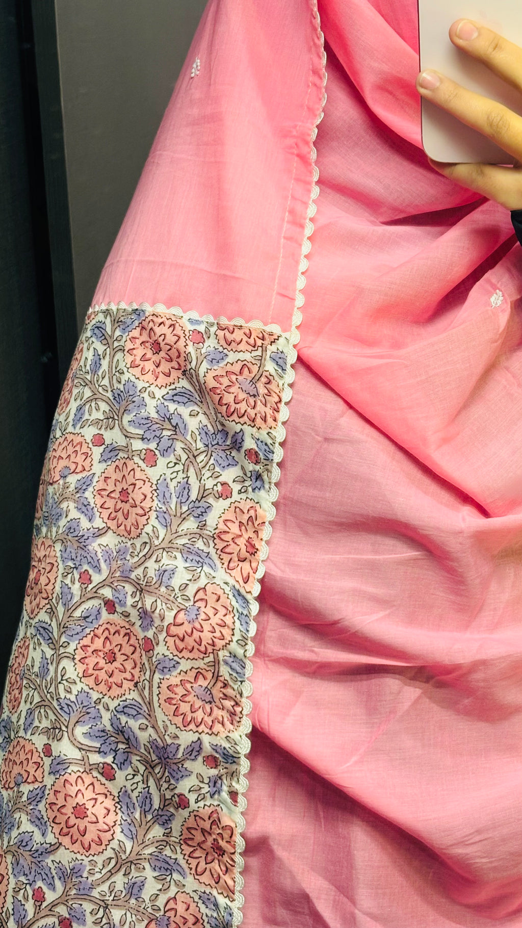 Pink & White pure cotton designer Embroidered dupatta with white lace