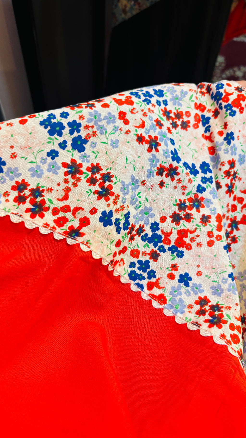 Printed designer dupatta with lace and minimal handwork.