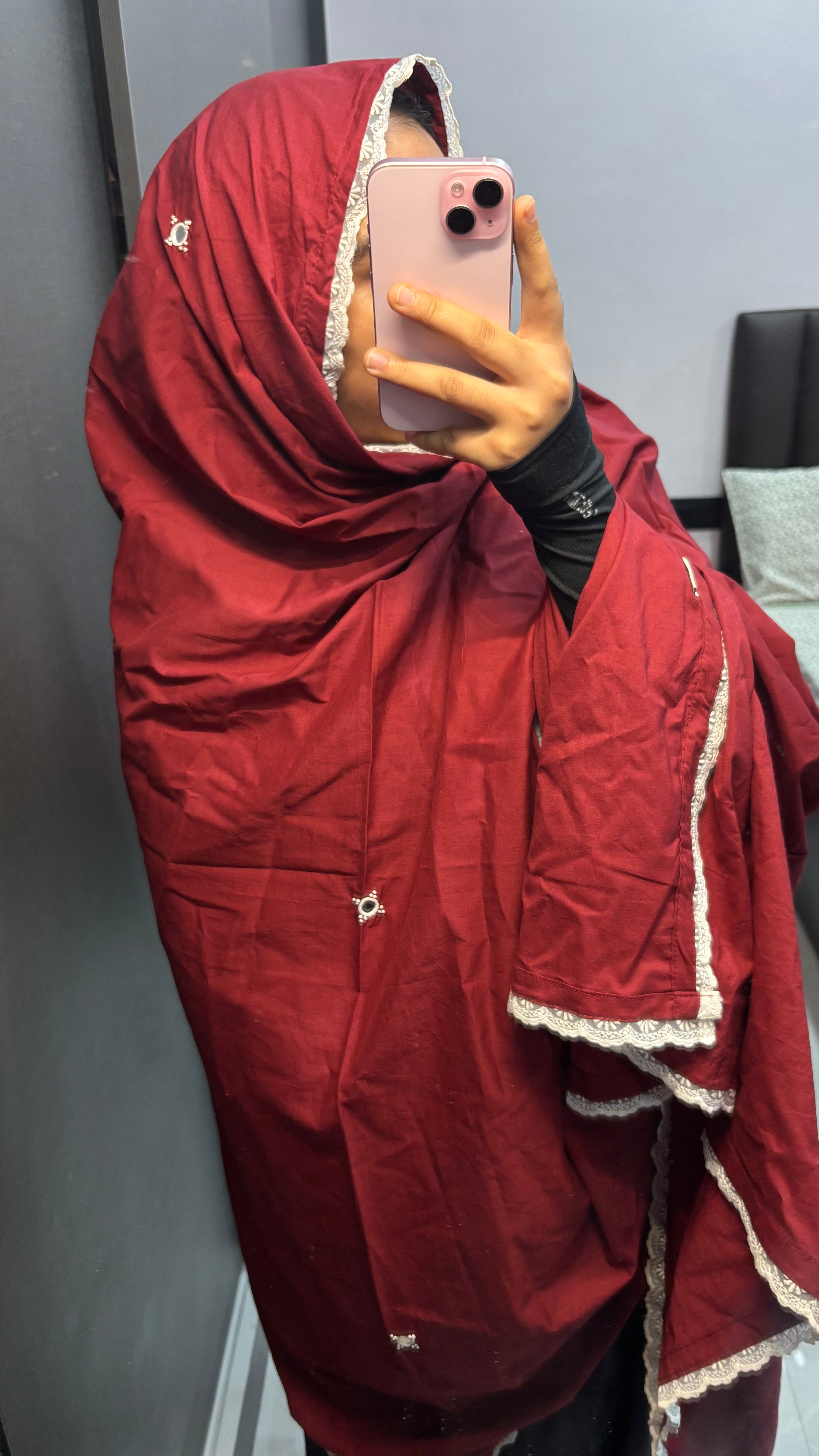 Maroon Mirror Work Big Dupatta/Chadar