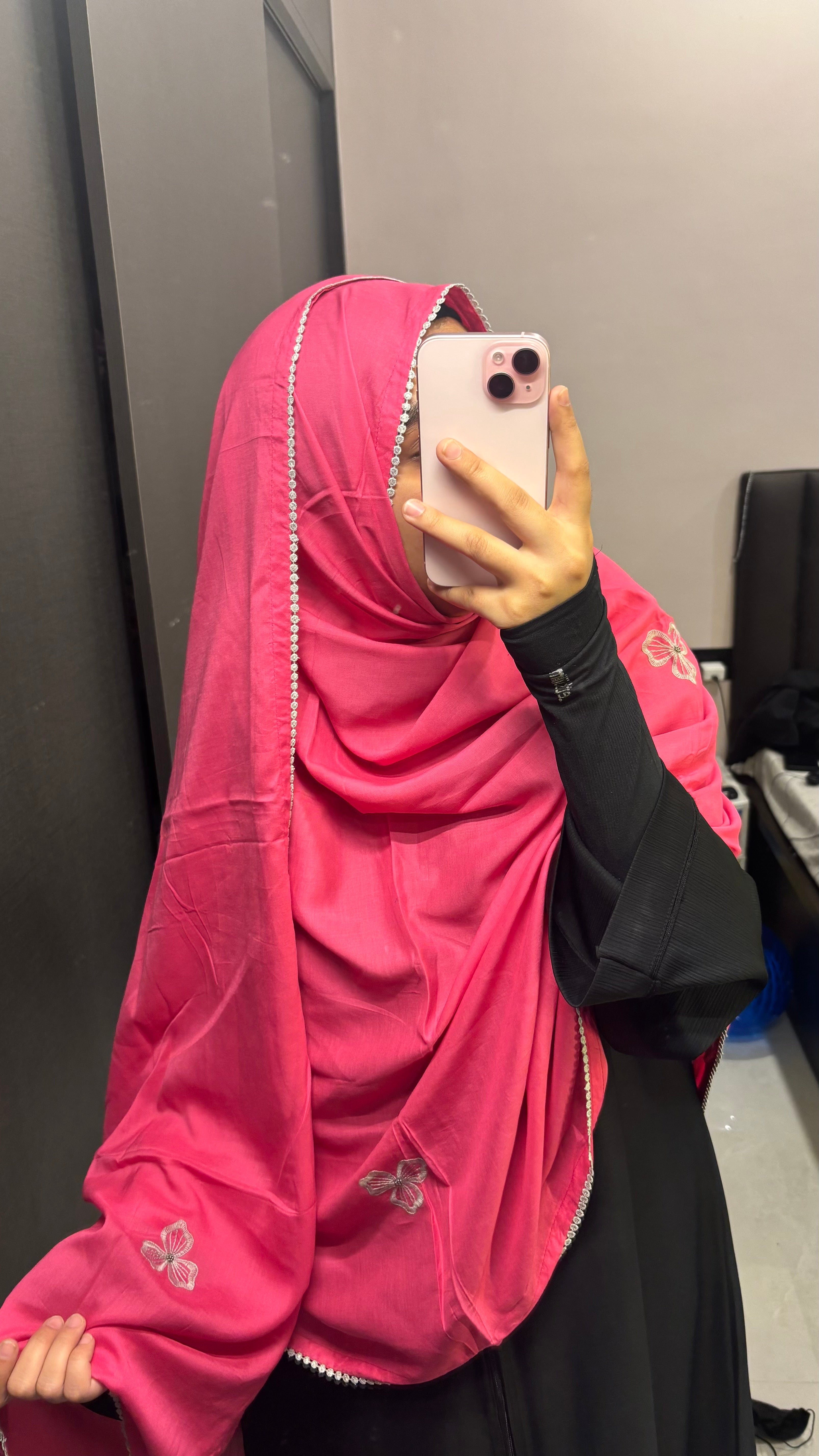 Pink with grey hand work dupatta
