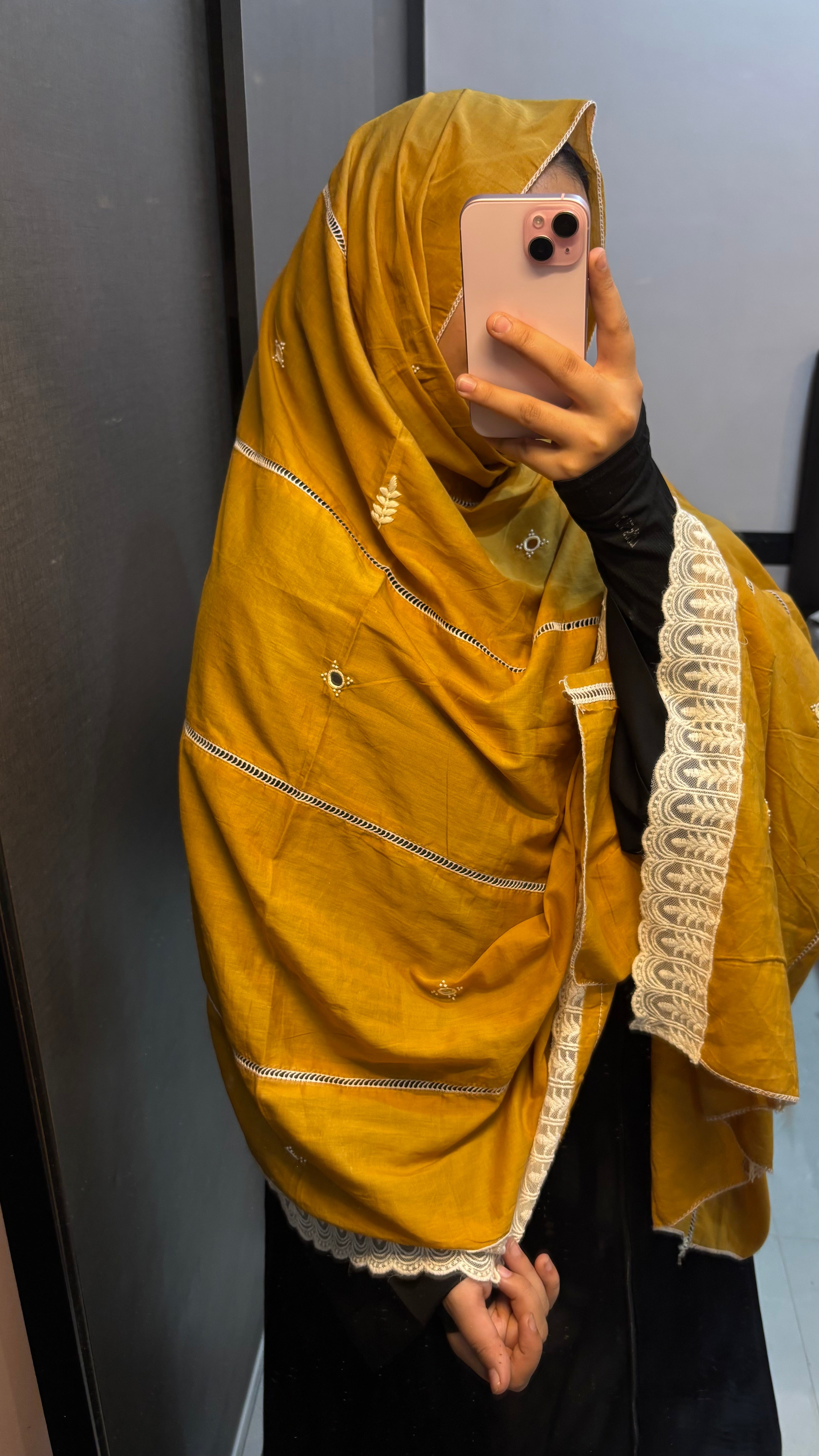 Mustard and White Uptan style Dupatta