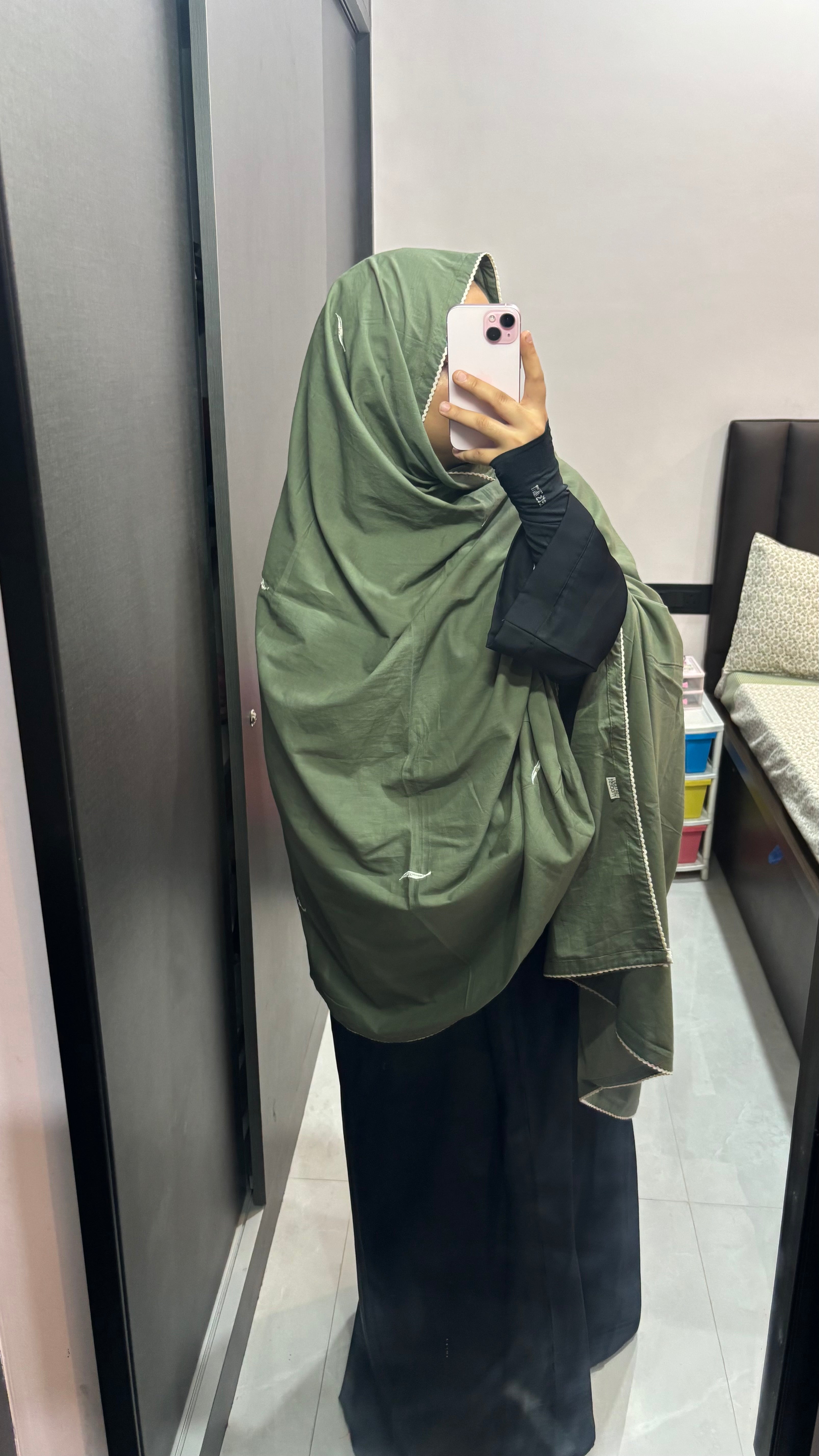 Olive Green & Beige Leaf Design Embroidery Pure Cotton Dupatta